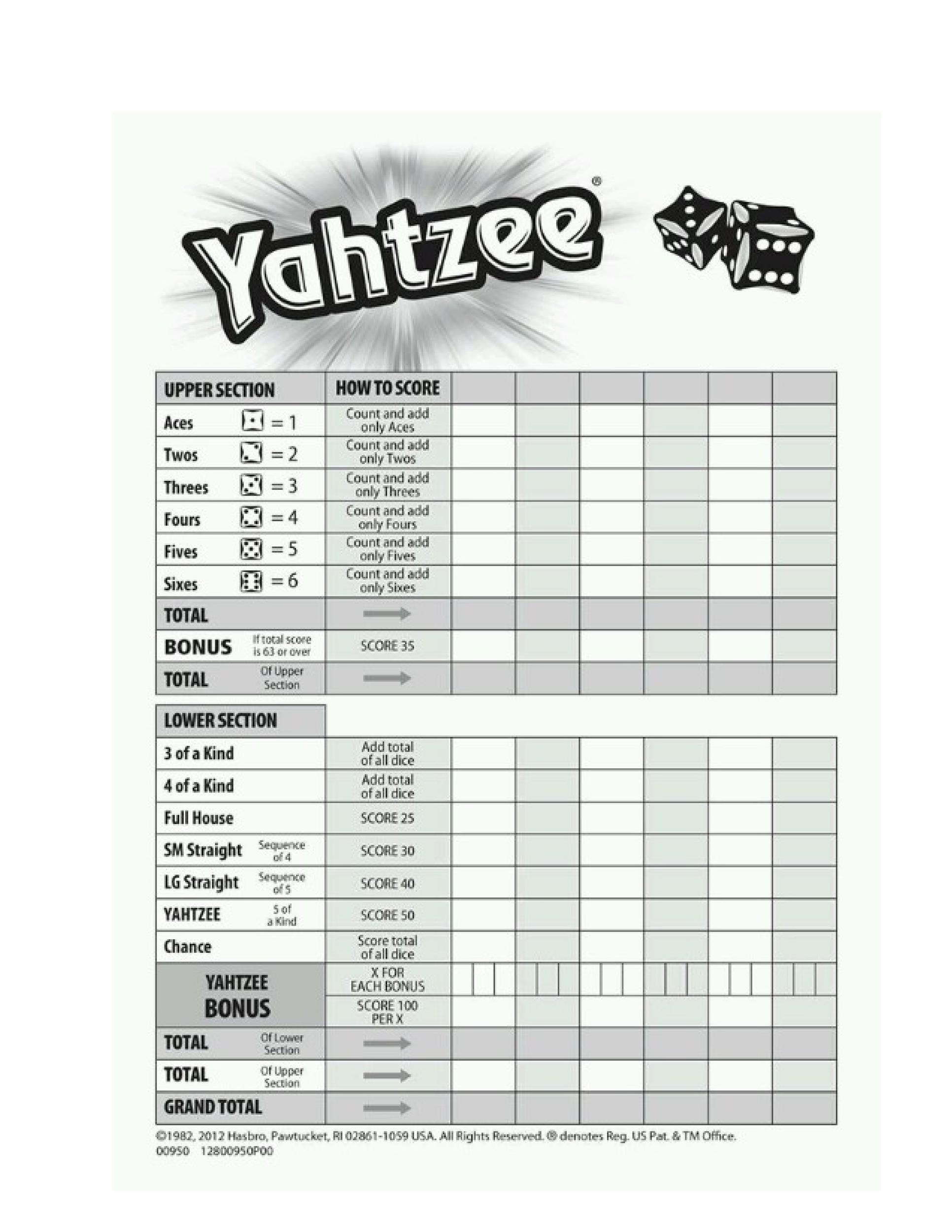 yahtzee score sheet printable