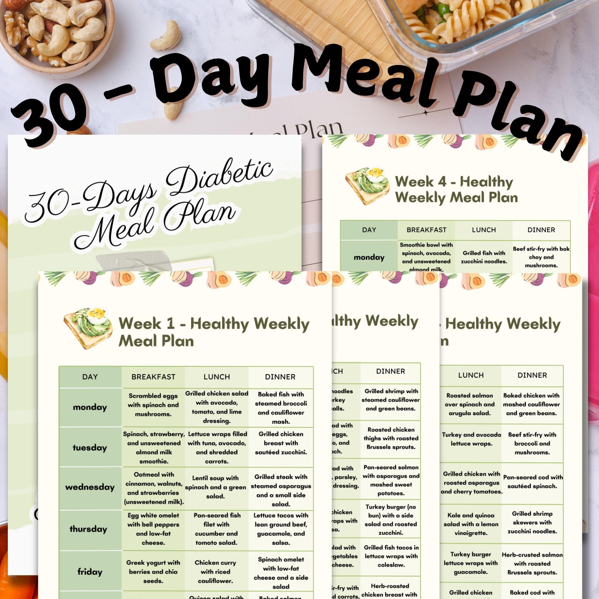 30 Days Diabetic Meal Plan Diabetic Meal Ideas Meal For Diabetics Printable Digital File Helps You Make Diabetes friendly Meal Plans Etsy