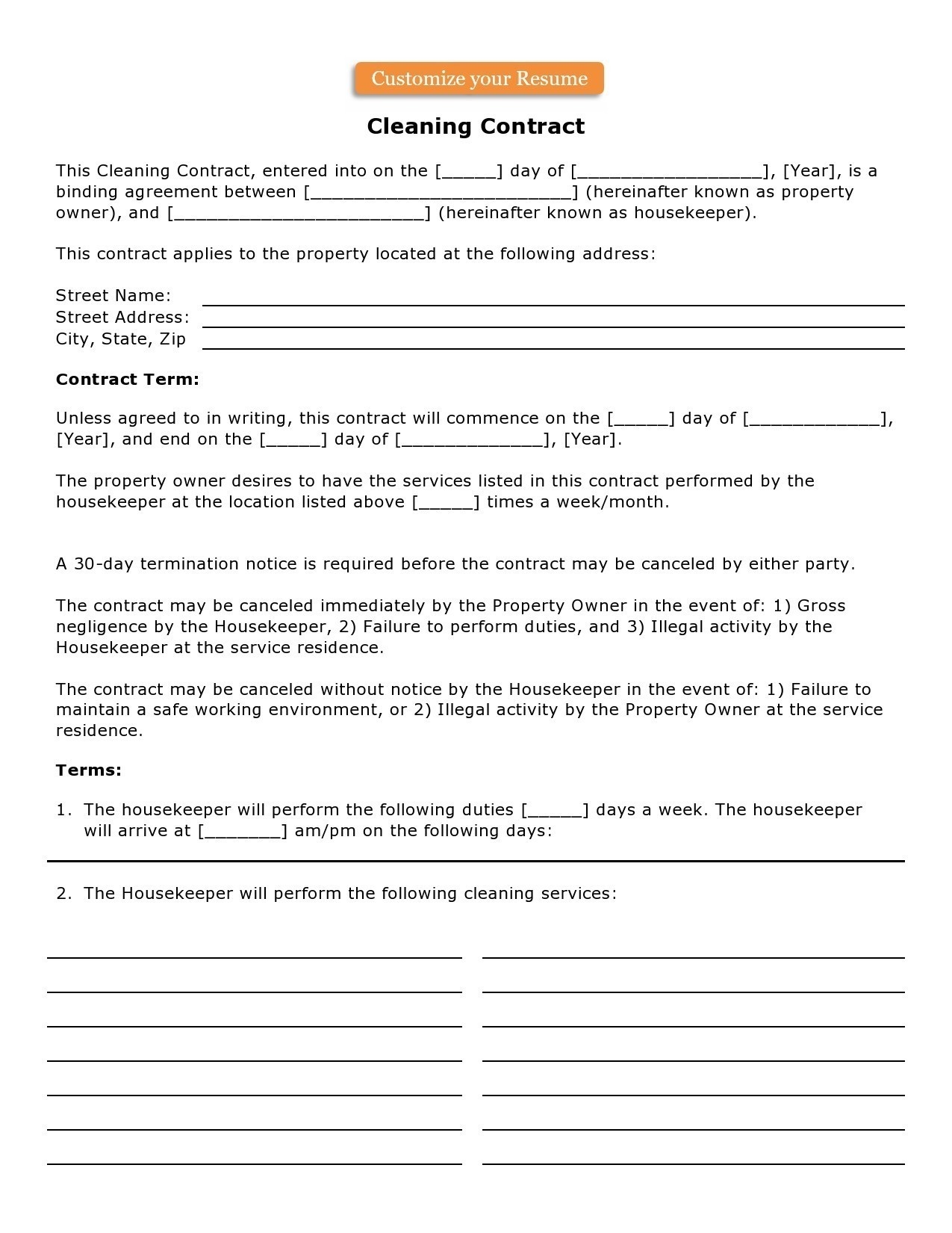 printable cleaning contract template