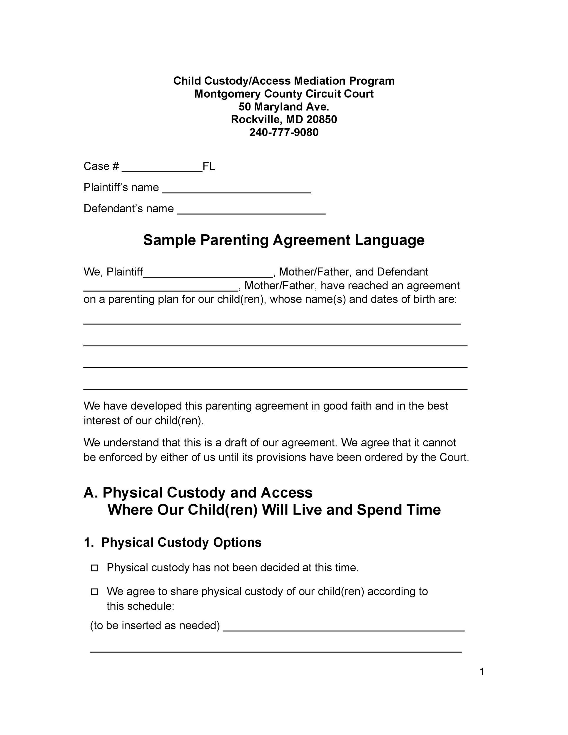 printable co parenting agreement template