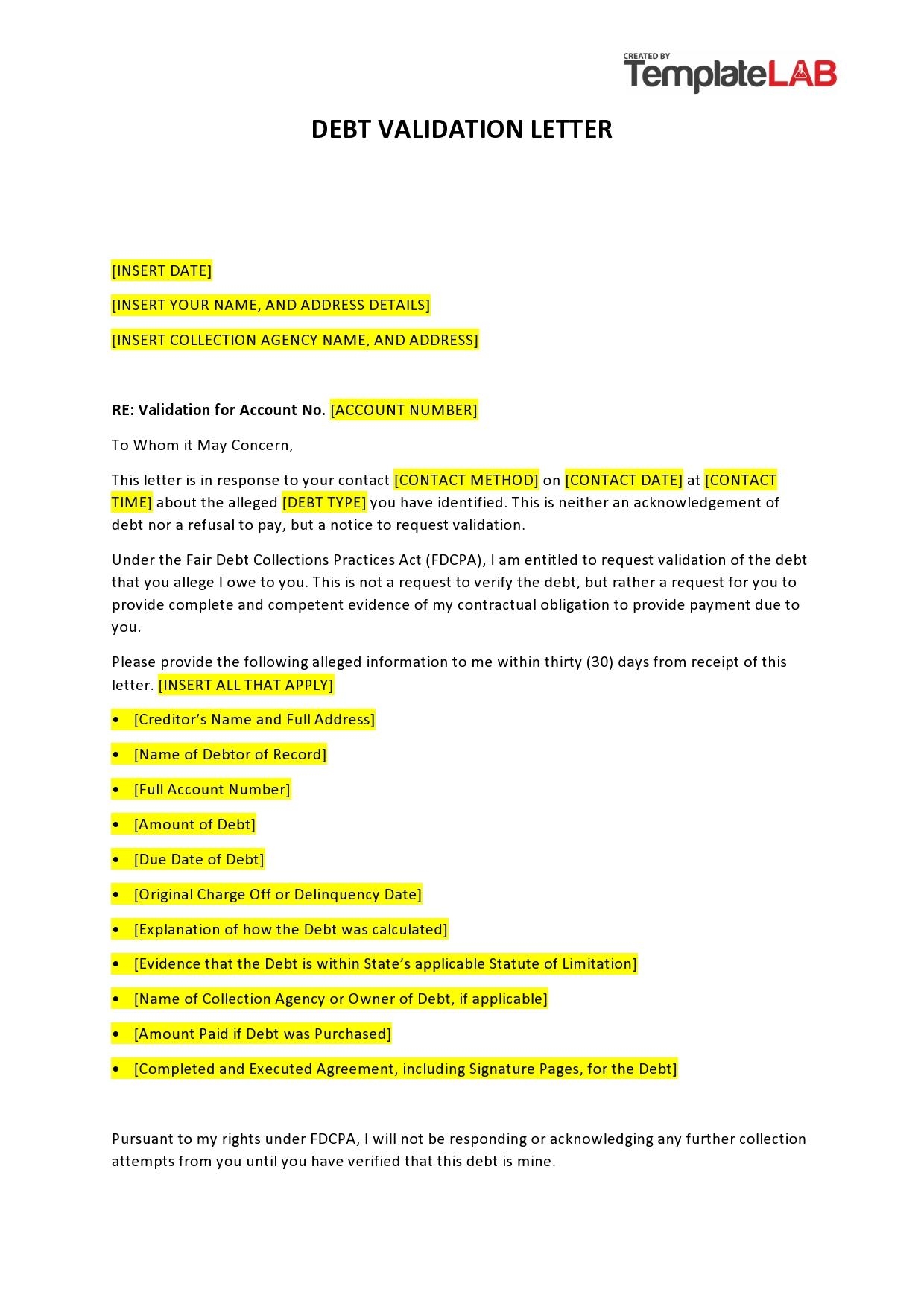 50 Free Debt Validation Letter Templates Samples TemplateLab