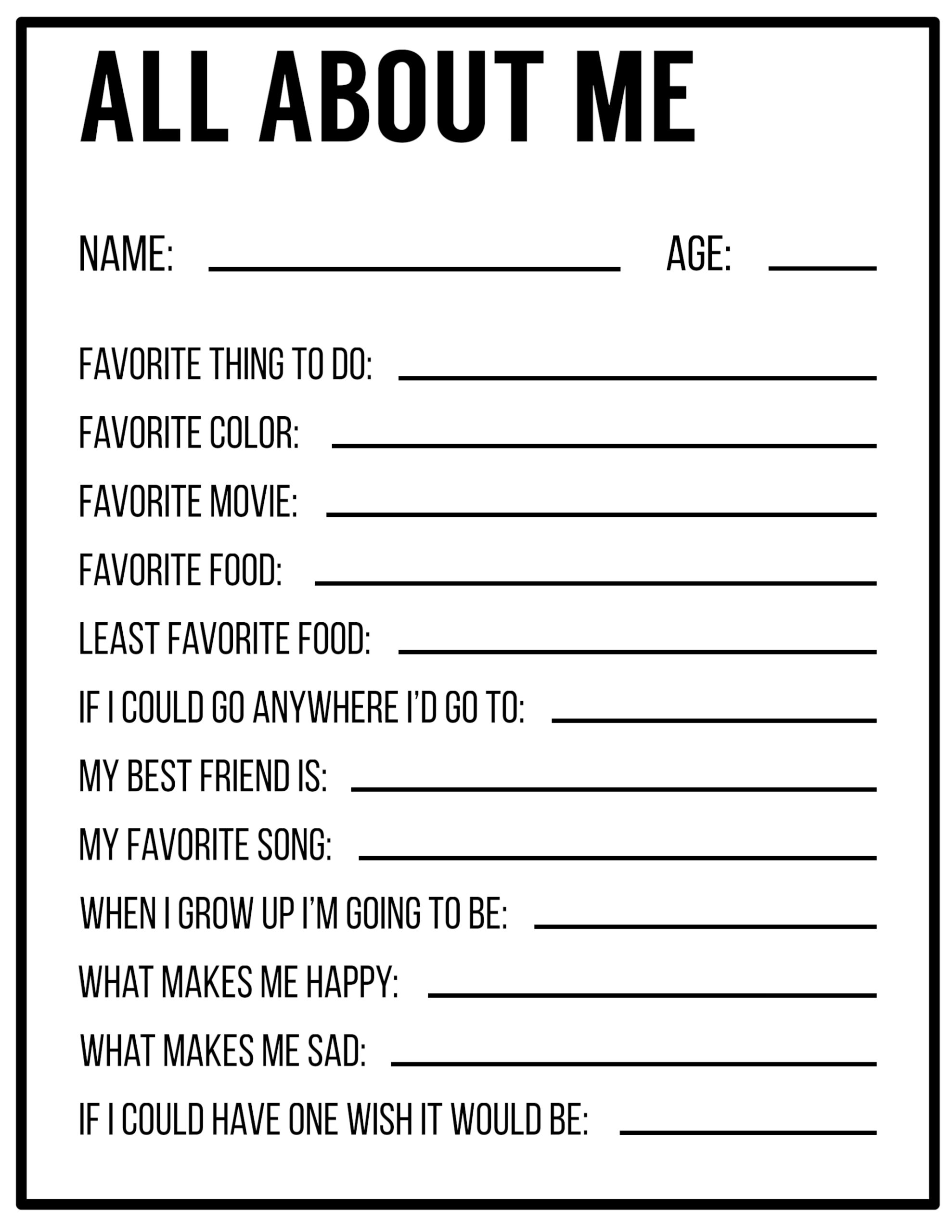 all about me printable sheets
