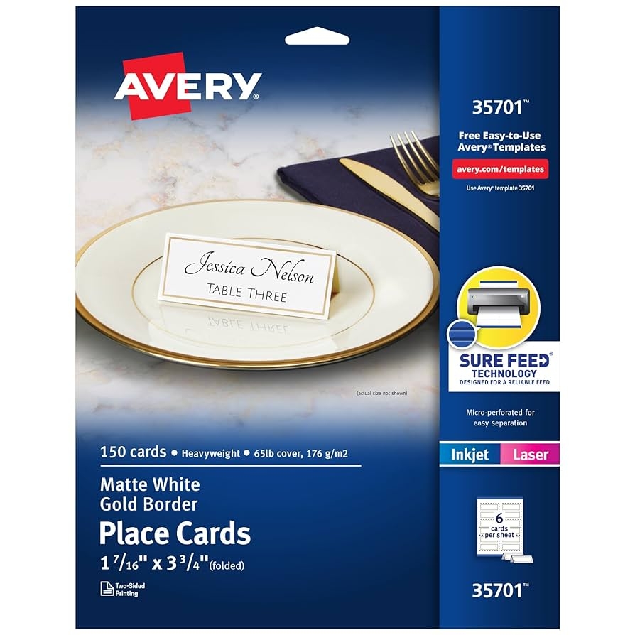 Amazon Avery Printable Place Cards With Sure Feed Technology 1 7 16 X 3 3 4 White With Gold Border 150 Blank Tent Cards For Laser Or Inkjet Printers 35701 Office Products