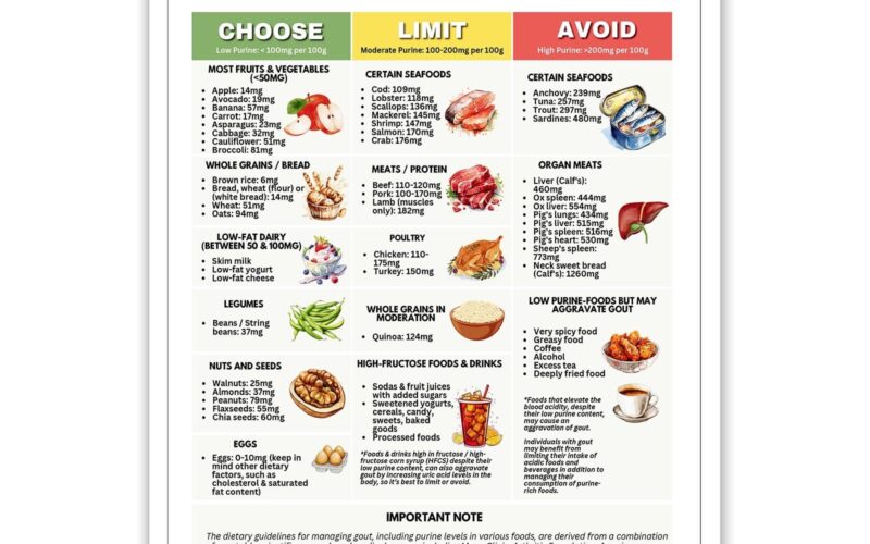 Amazon KIJDID Healthy Food Chart Guide Low Purine Foods Prints Low Uric Acid Gout Diet Meals Plan Gout Friendly Food Chart For Joint Pain Relief Arthritis Management 8x12in Unframed Industrial
