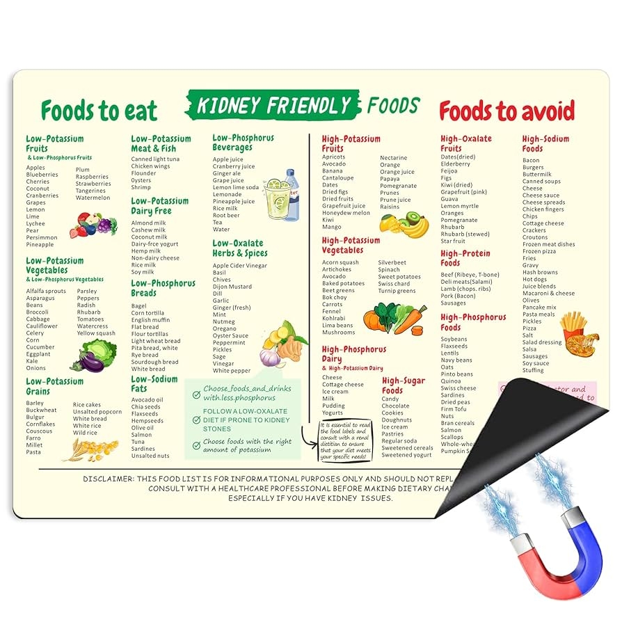 Amazon Printable Renal Diet Food Guide Magnet Low Potassium Foods List Kidney Friendly Nutrition Reference Quick Guide 8x12in Home Kitchen