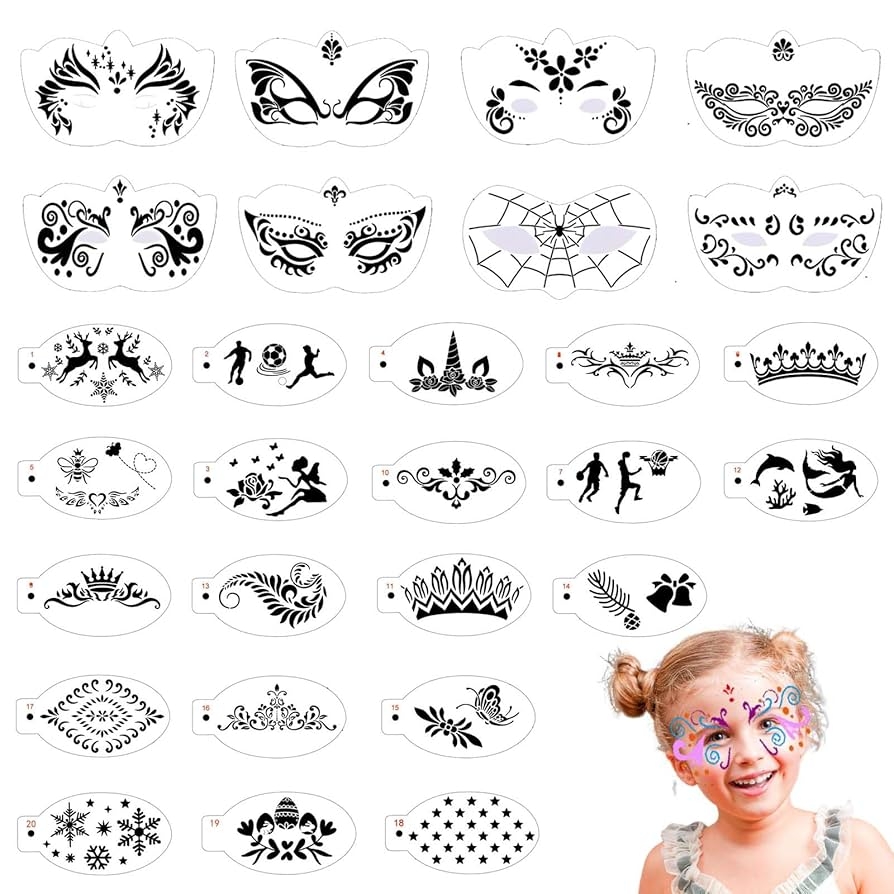 Amazon Twpribarn 28 Pcs Face Paint Stencils Kits Face Painting Stencils Reusable Face Tattoo Painting Templates Body Makeup Painting Templates For Kids Face Painting Holiday Halloween Tattoo Stencils Mix02 Arts Crafts