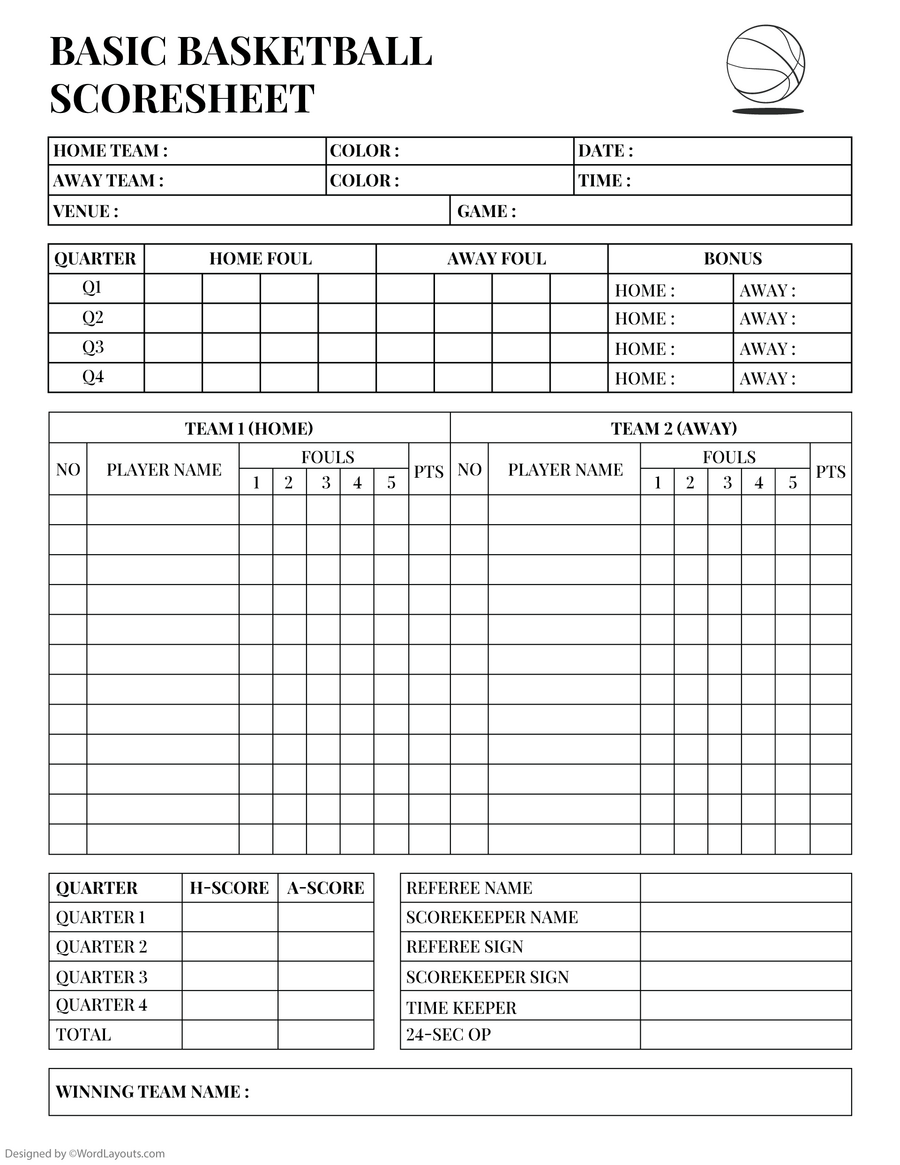 Basic Basketball Score Sheet Template WordLayouts