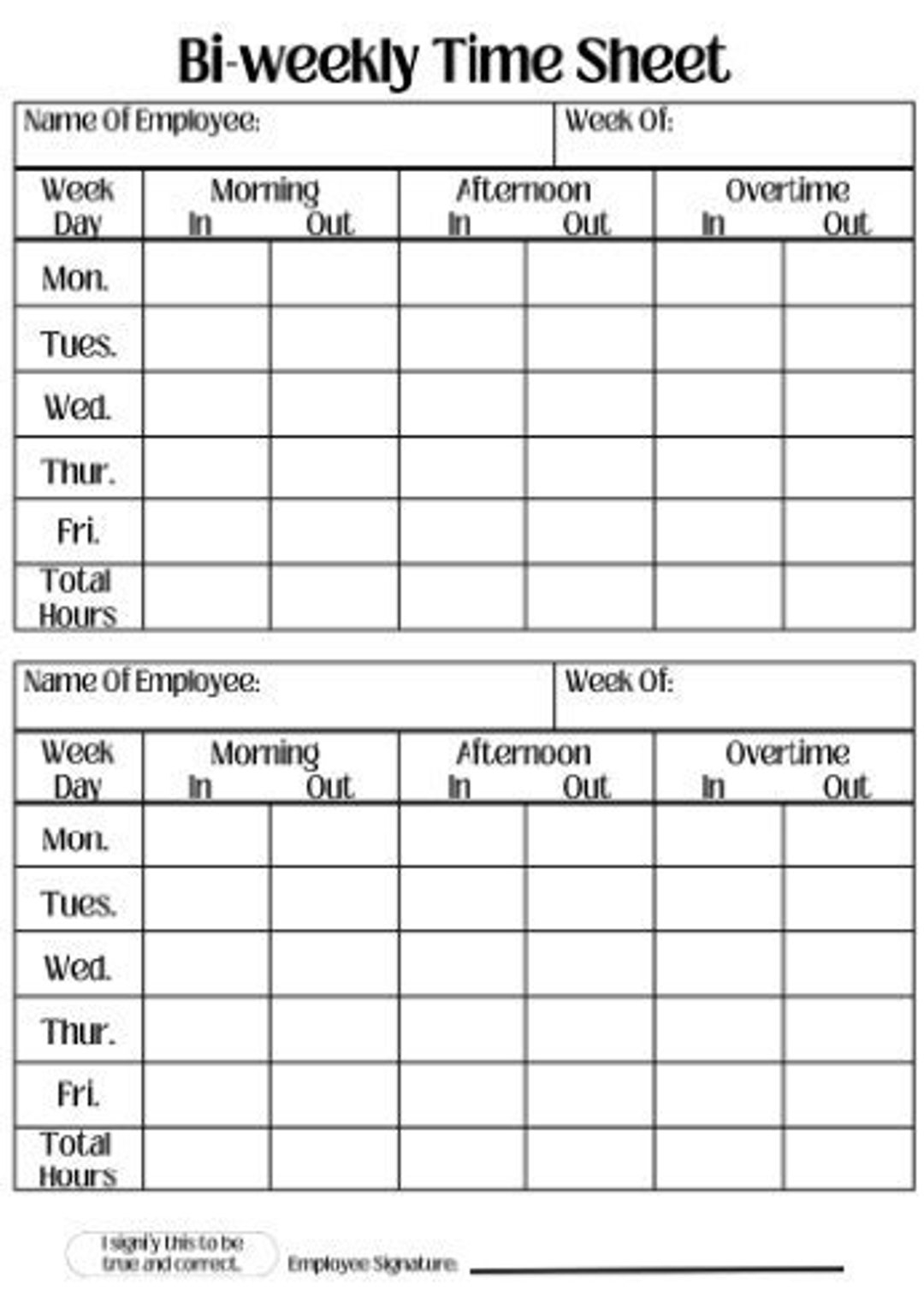 Bi weekly Employee Time Sheet Printable Work Log digital Download Etsy