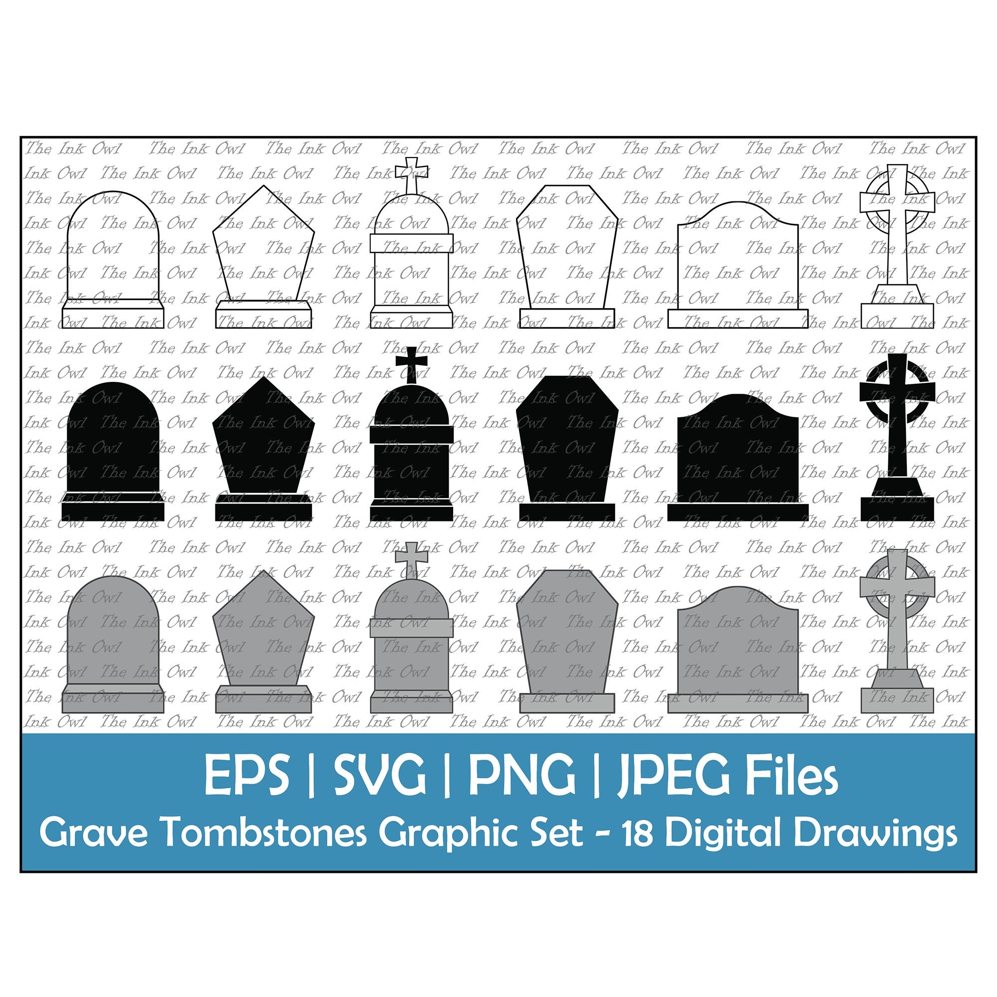 Blank Grave Or Tombstone Memorial Vector Clipart Set Outline Silhouette Color Graphic With Cross Halloween Svg Png Eps Jpg Etsy