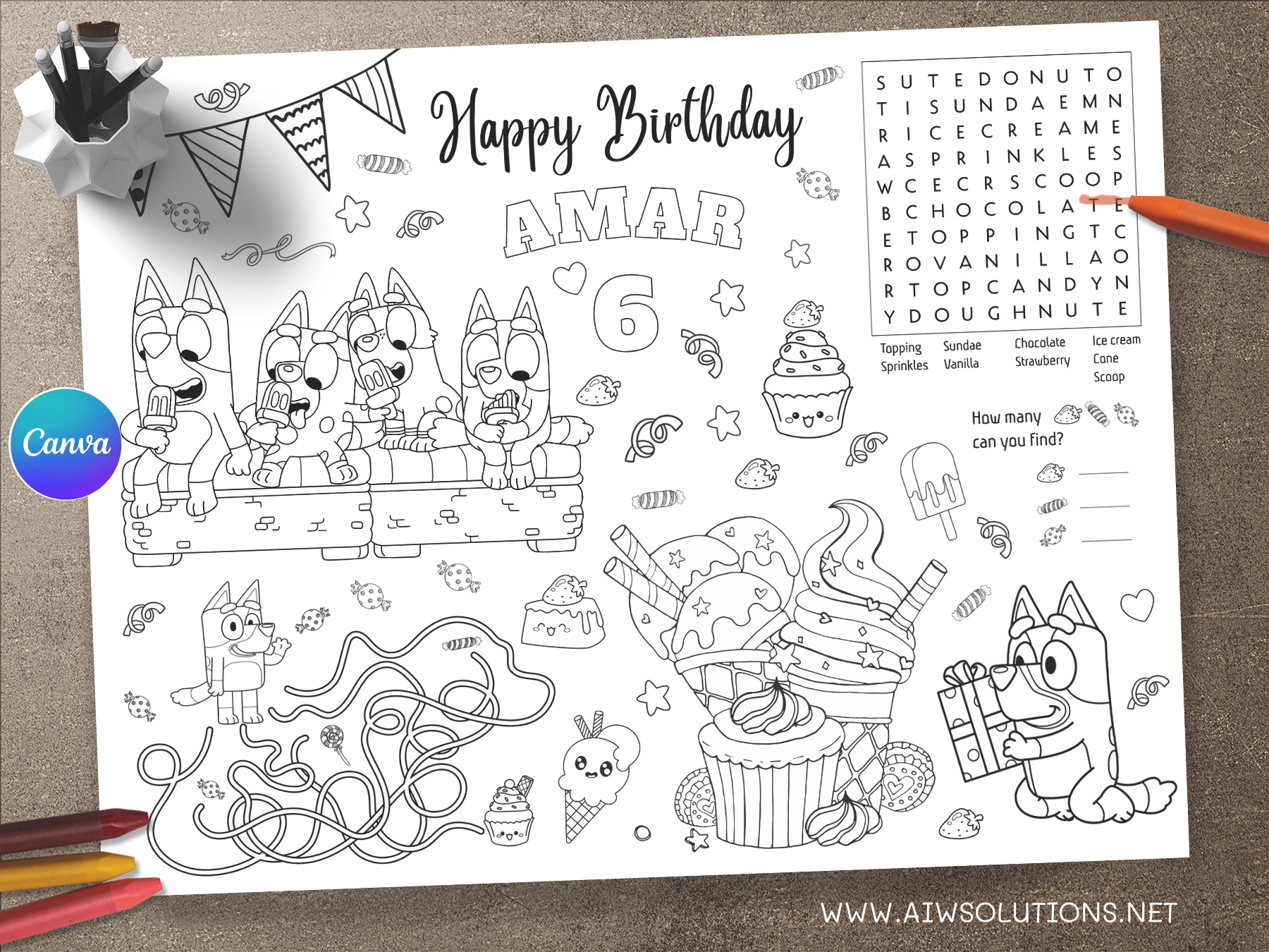 Bluey Birthday Activity Coloring Page Bluey Ice Cream Coloring Placemat Bluey Birthday Party Activity Kids Coloring Page ID08 Aiwsolutions