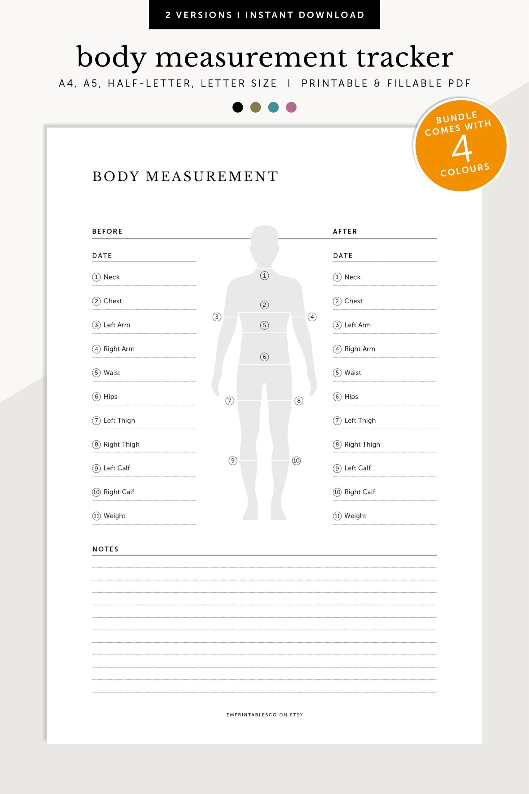 Body Measurement Tracker Printable Measurement Log Weight Tracker Body Progress Update Fillable Printable A4 a5 letter half Size Etsy