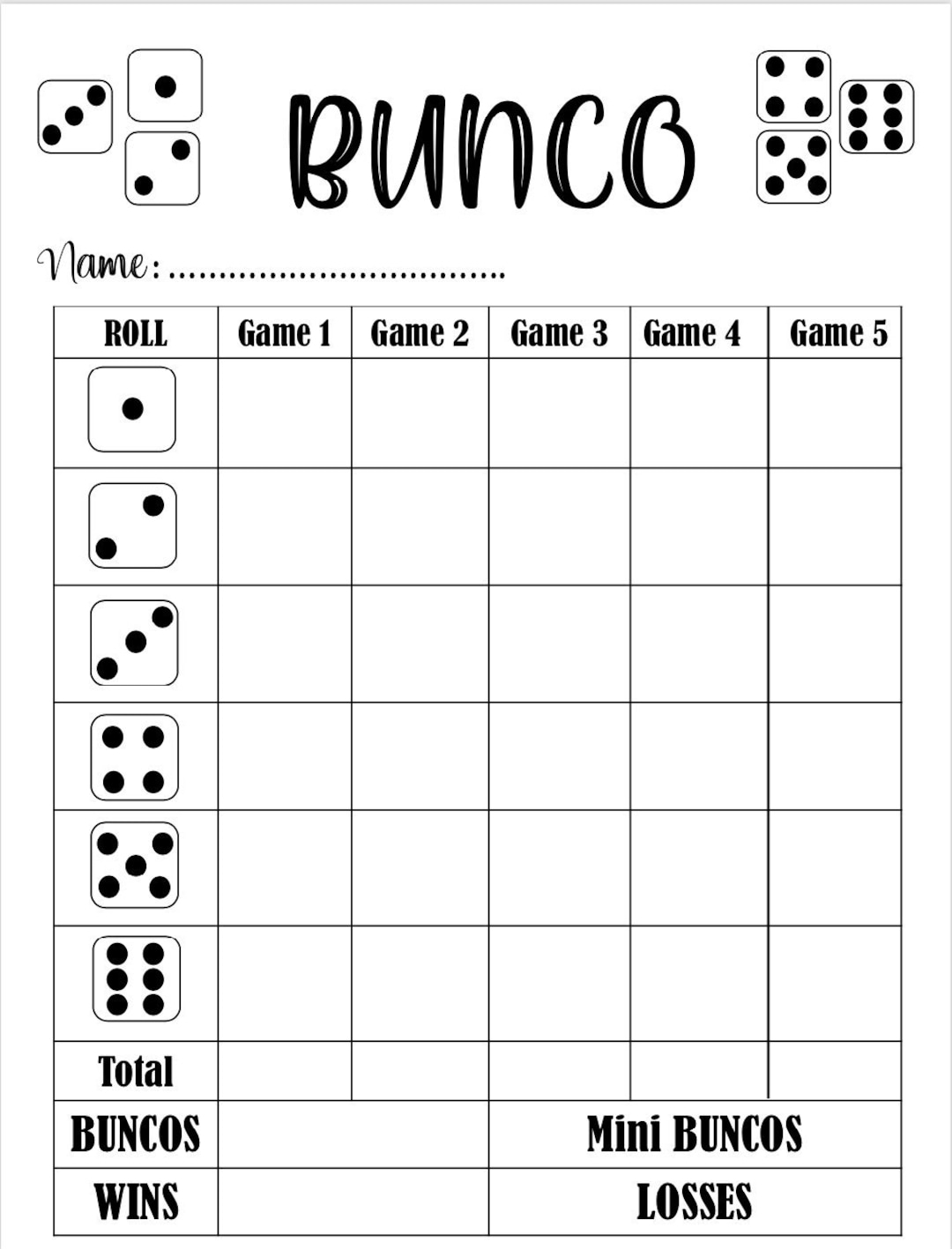 free printable bunco sheets
