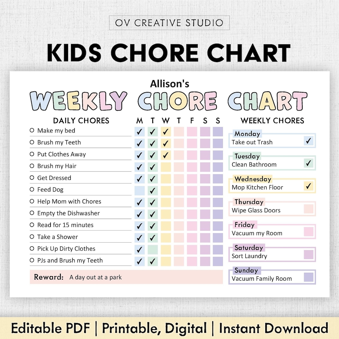 Buy Editable Chore Chart For Kids Printable Kids Daily Weekly Responsibility Chart Kids Chore List Kids Daily Routine Checklist PDF Online In India Etsy