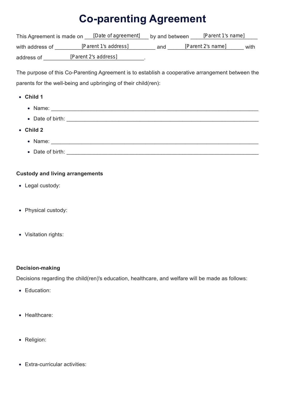 Co Parenting Agreement Templates