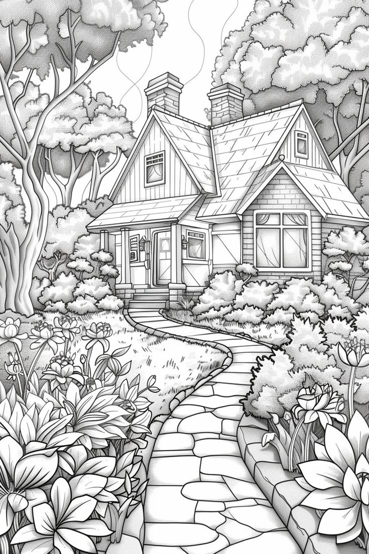 Color Your Dream Home Free Grey Scale House Garden Coloring Page For Adults Kids Color Your Dream Home Free Grey Scale House Garden Coloring Page For Adults Kids