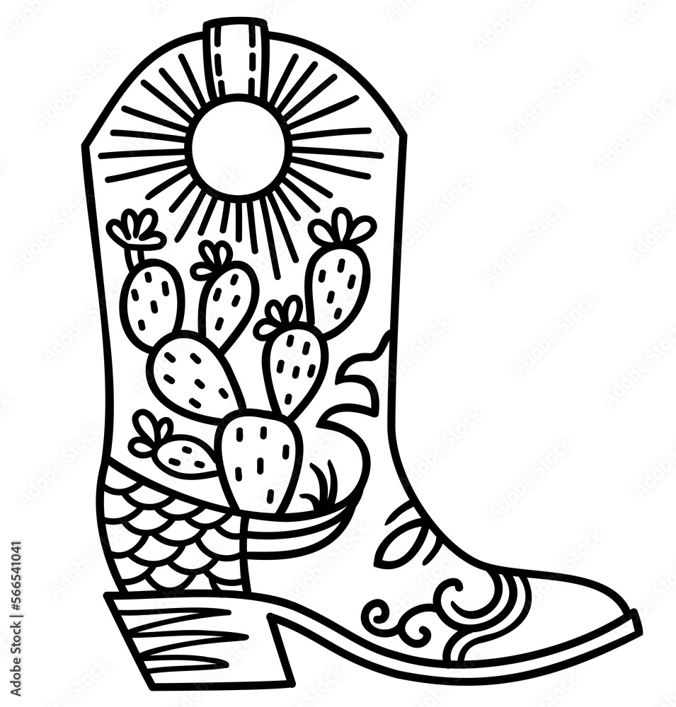Cowboy Boot Cactus Decoration Vector Hand Drawn Illustration Of Cowboy Boot With Cactuses Decor Printable Black Outline Style Design Cowgirl Wild West Boots Stock Vector Adobe Stock