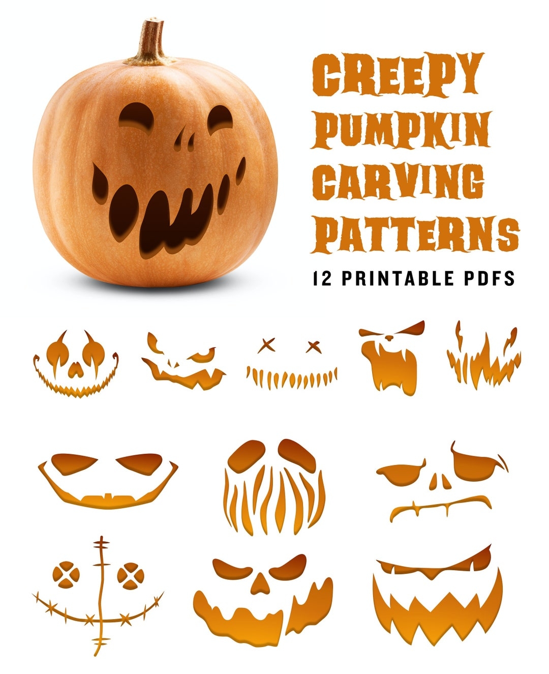Creepy Pumpkin Carving Patterns Scary Jack o lantern Printable Templates For Your Halloween Decor Etsy