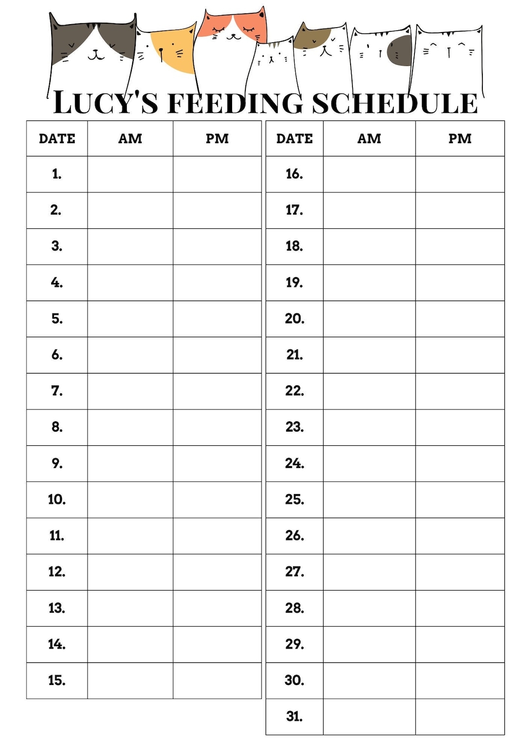 Custom Cat Feeding Schedule Personalized Printable Planner PDF Download Etsy