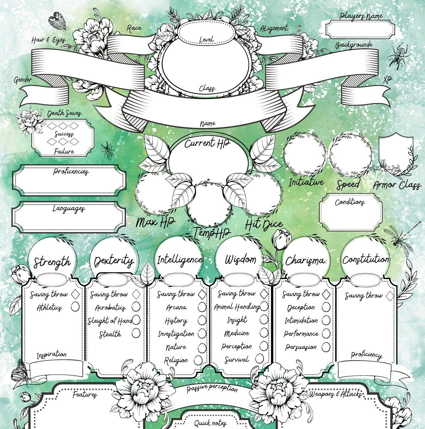 Dnd Printable Character Sheet Dnd Botanical Character Sheet Dnd Character Sheet Template D D Druid Character Sheet RPG Character Sheet Etsy Norway