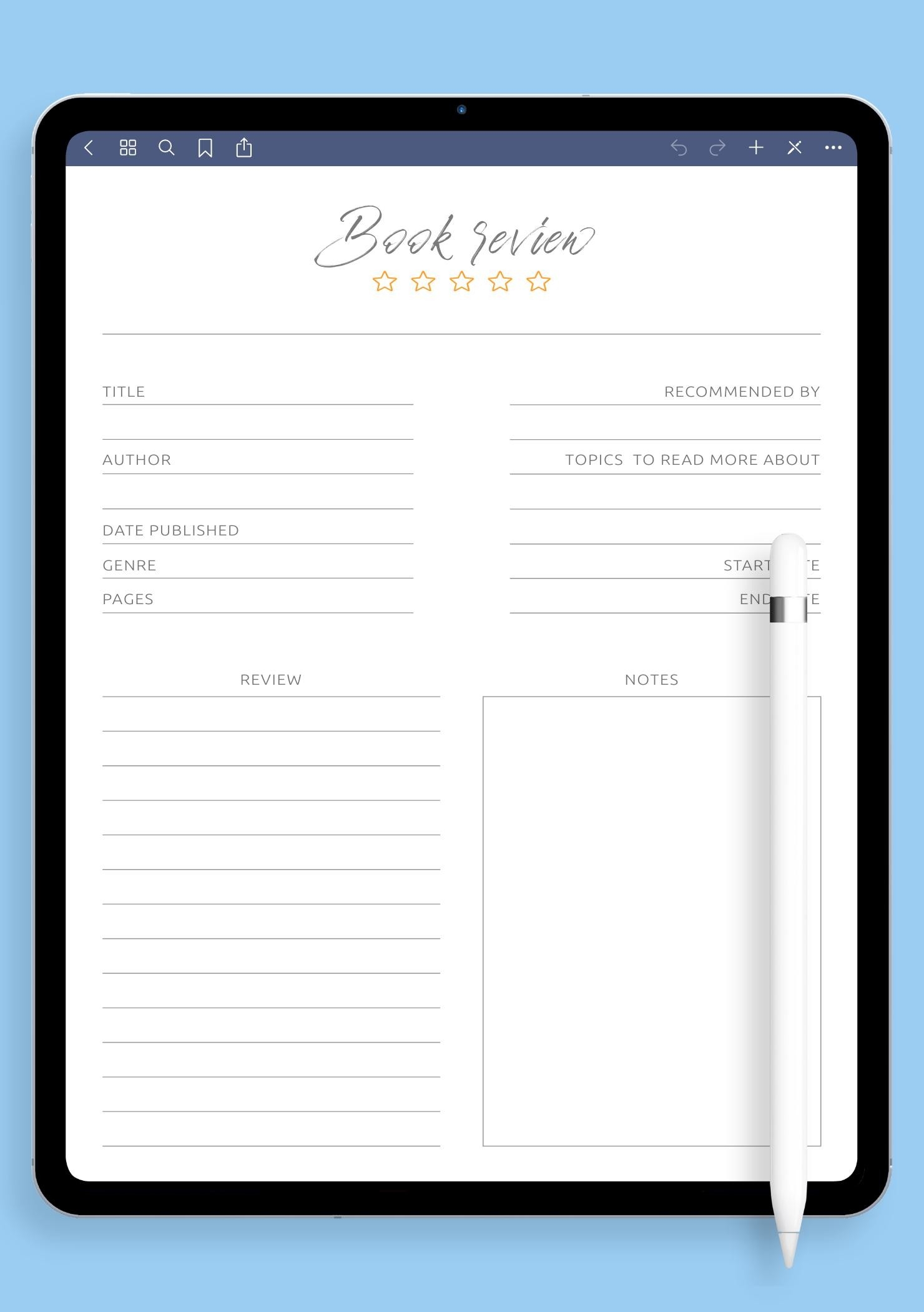 book review template printable