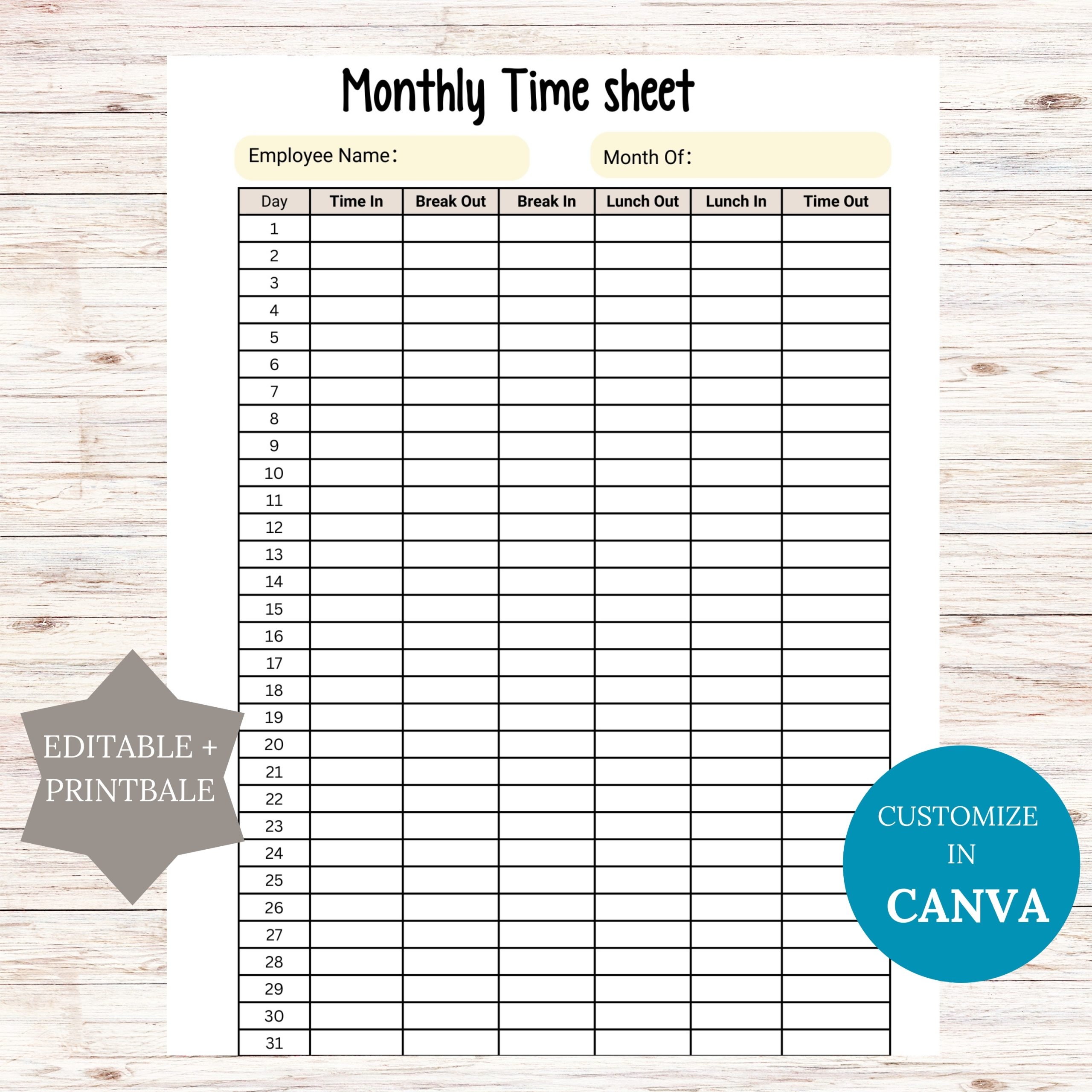 Editable Monthly Time Sheet Printable