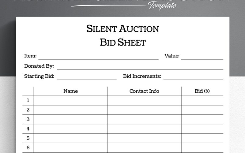 Editable Silent Auction Bid Sheet Template PDF Word Google Docs Etsy