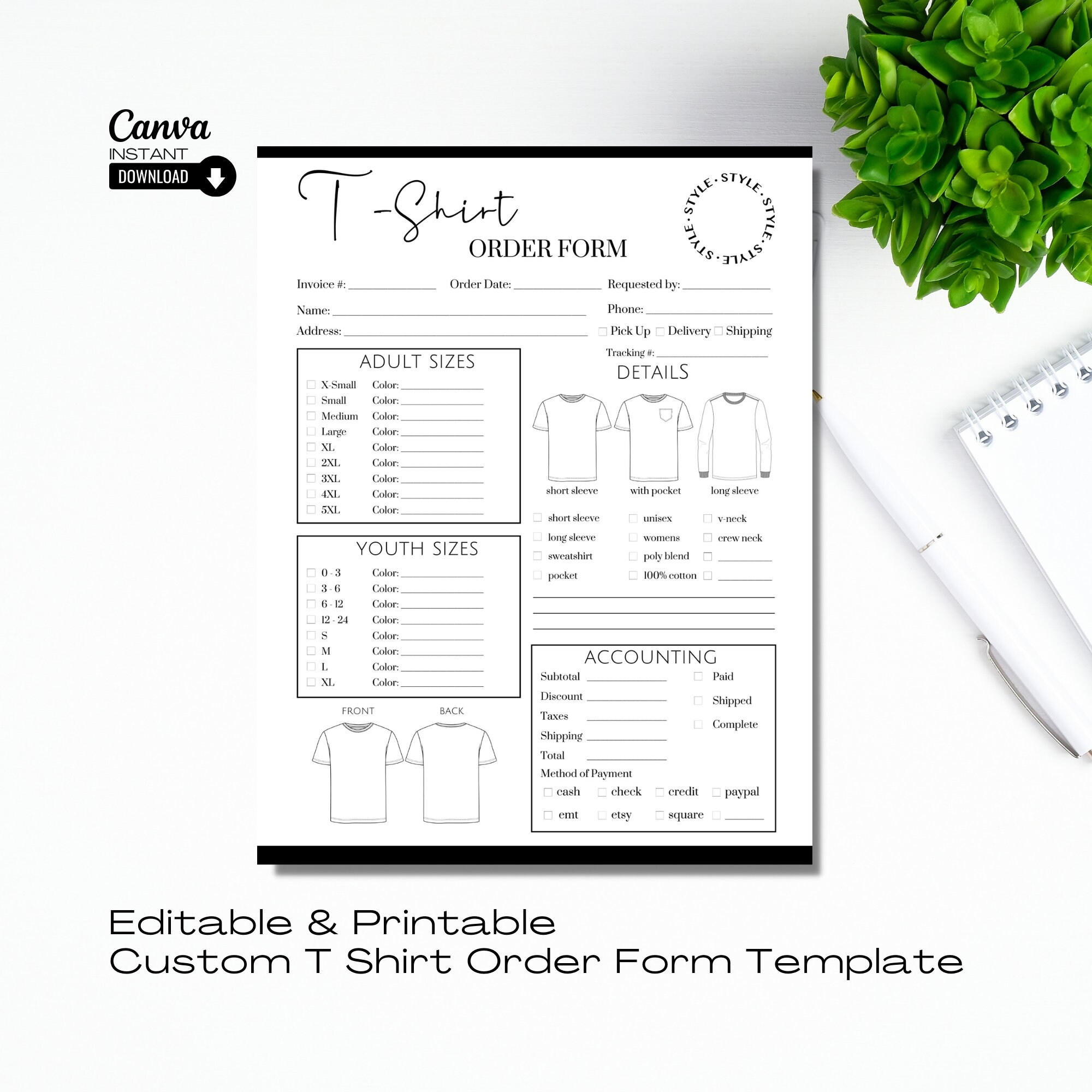 Editable T shirt Order Form Template Printable Apparel Invoice canva Etsy