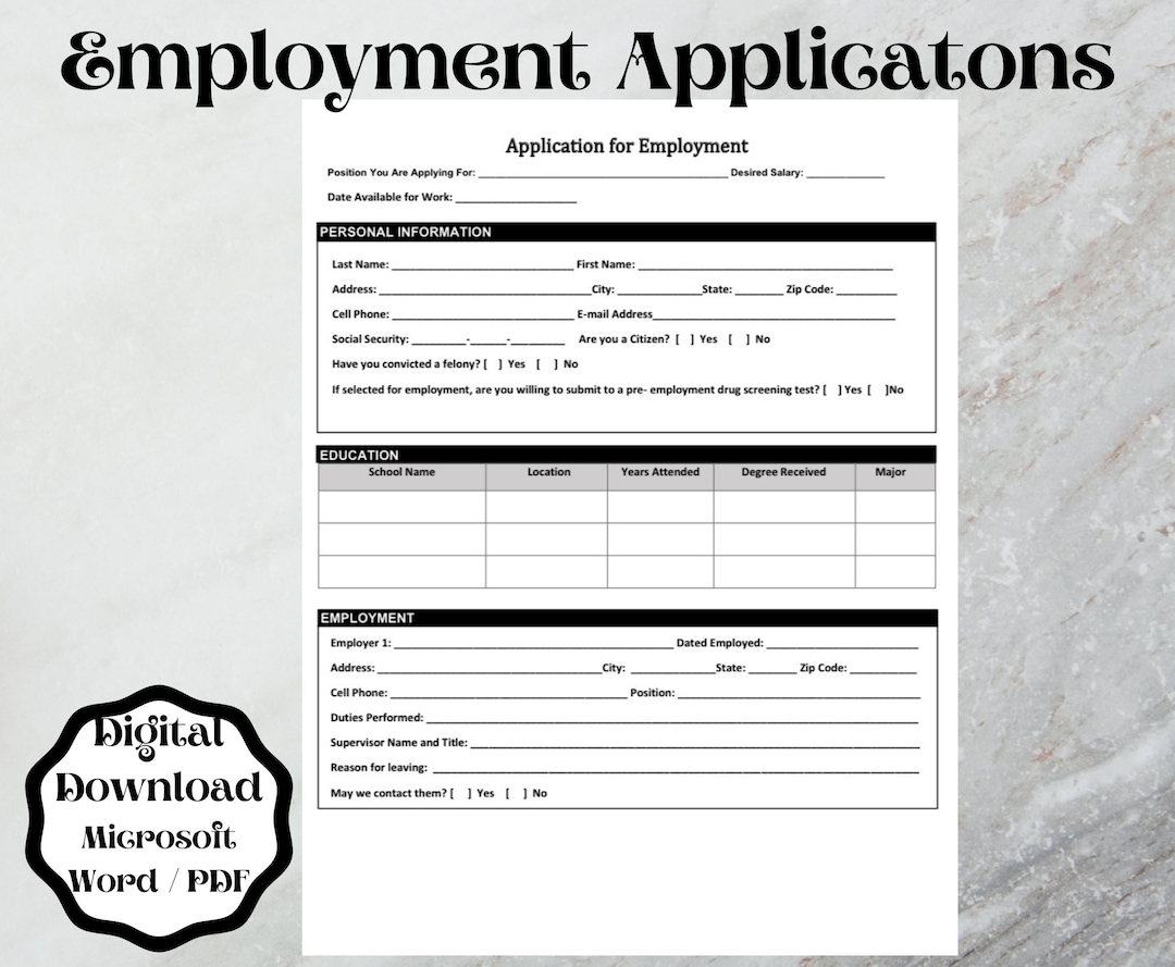 Employment Application Form Template word Printable Editable Etsy Employment Application Form Template word Printable Editable Etsy
