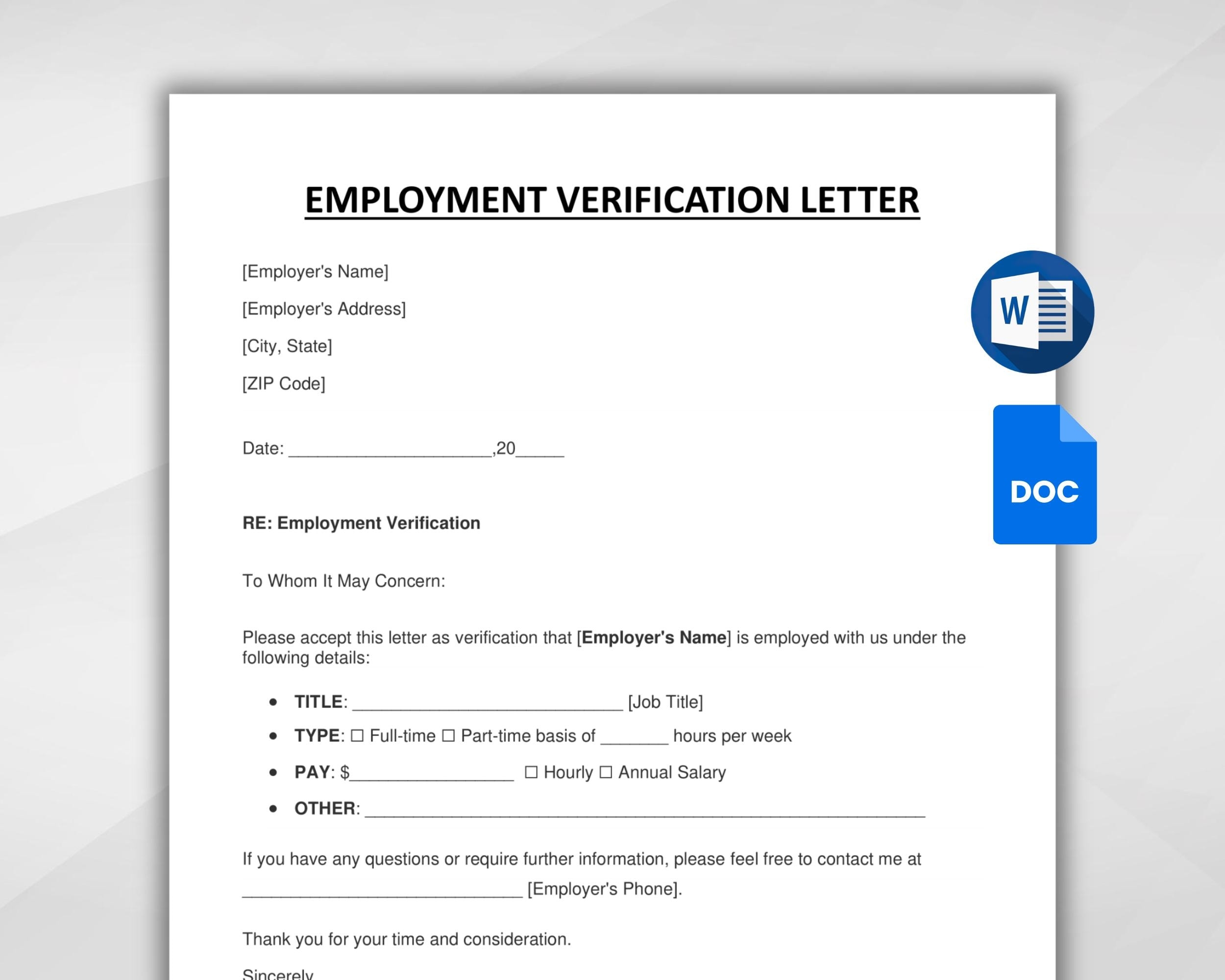 Employment Verification Letter Template Employment Verification Letter Form Job Verification Letter Google Docs ms Word Instant Download Etsy