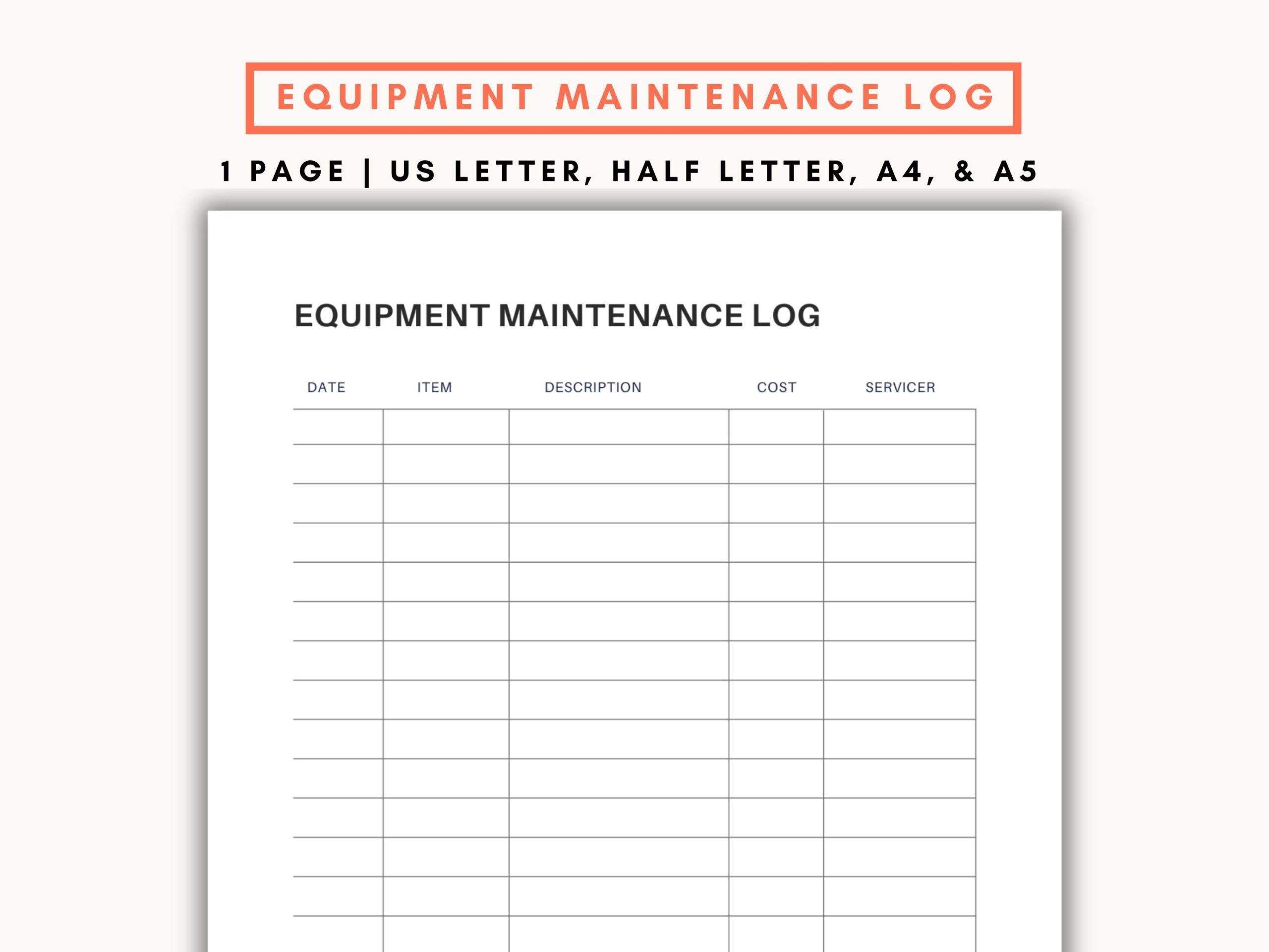 Equipment Maintenance Log Printable Repair Log Equipment Expense Tracker A5 Planner Inserts Etsy