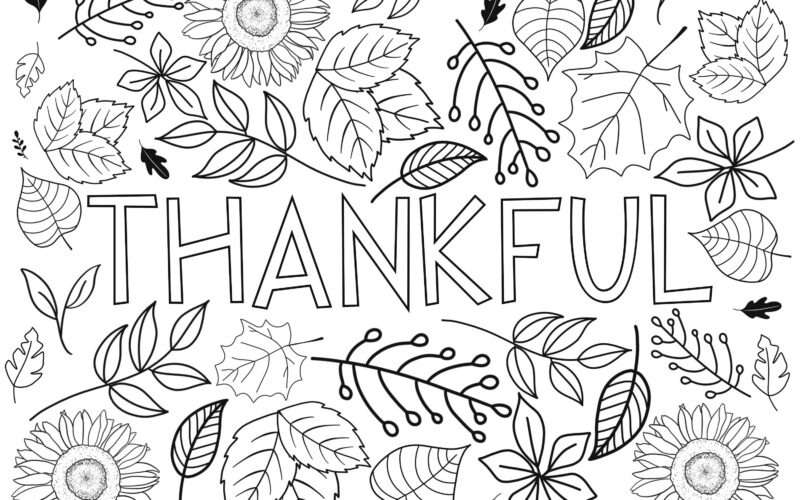 Fall Coloring Page Thankful Leaves Sunflowers PDF Download Etsy