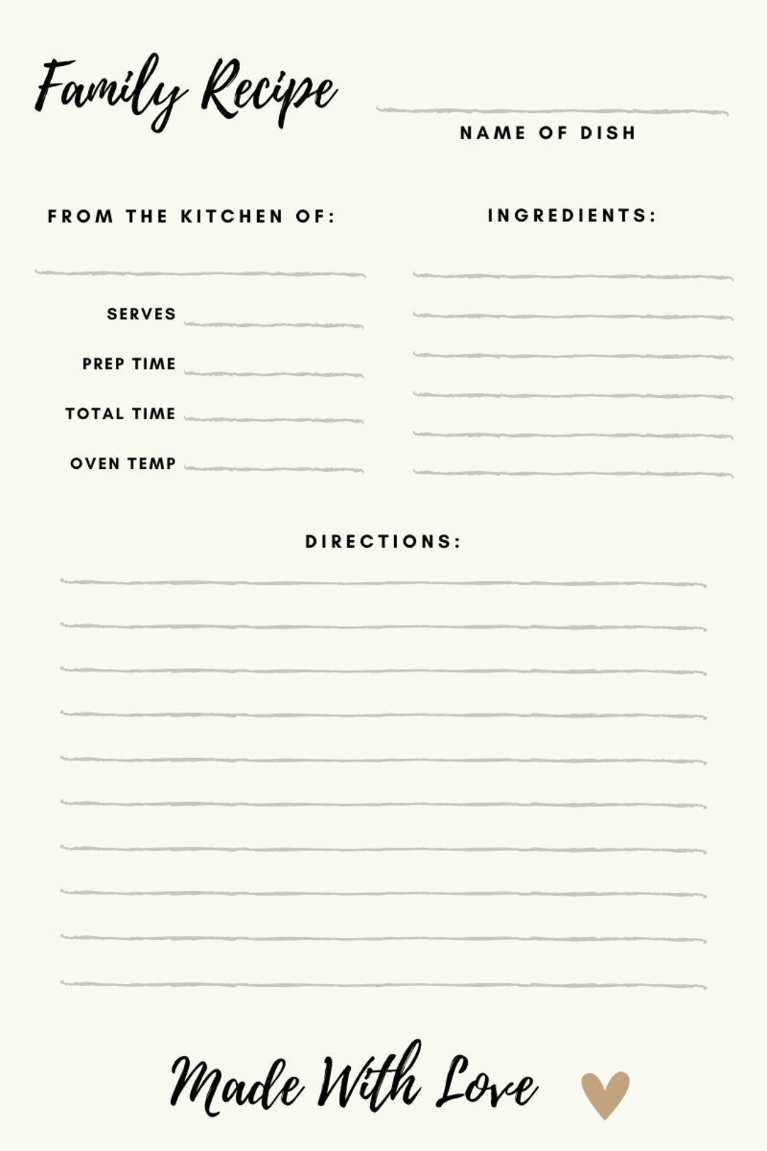 Family Recipe Template Printable Recipe Template Recipe Page Digital Recipe Book Template Cookbook Template pdf for Handwriting Recipes Etsy
