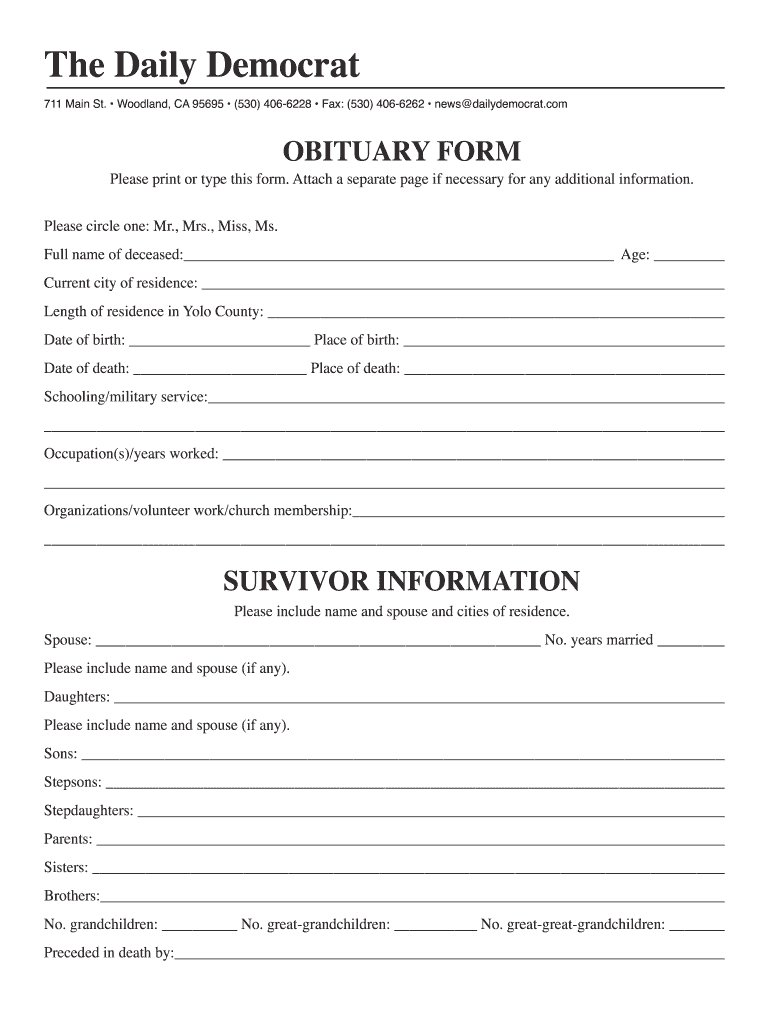 free printable obituary templates