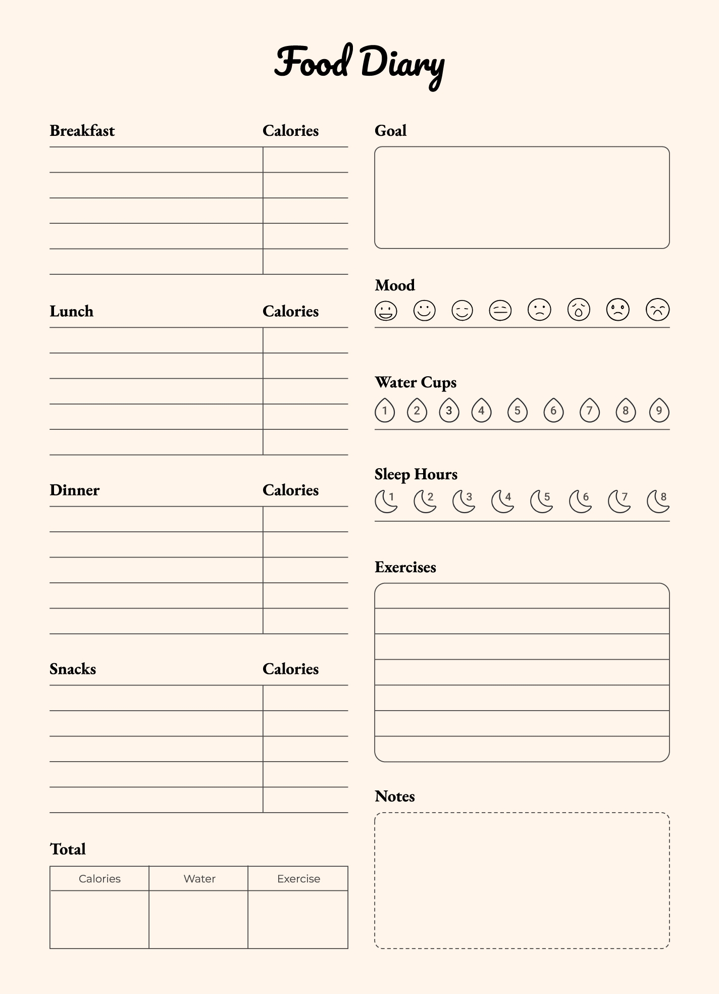 printable food diary template printable food diary template