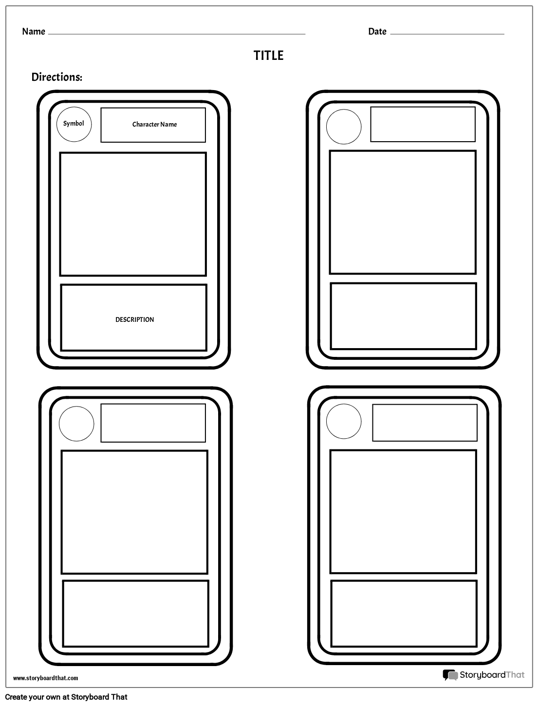 Four Trading Cards Character Map Worksheet Template Four Trading Cards Character Map Worksheet Template