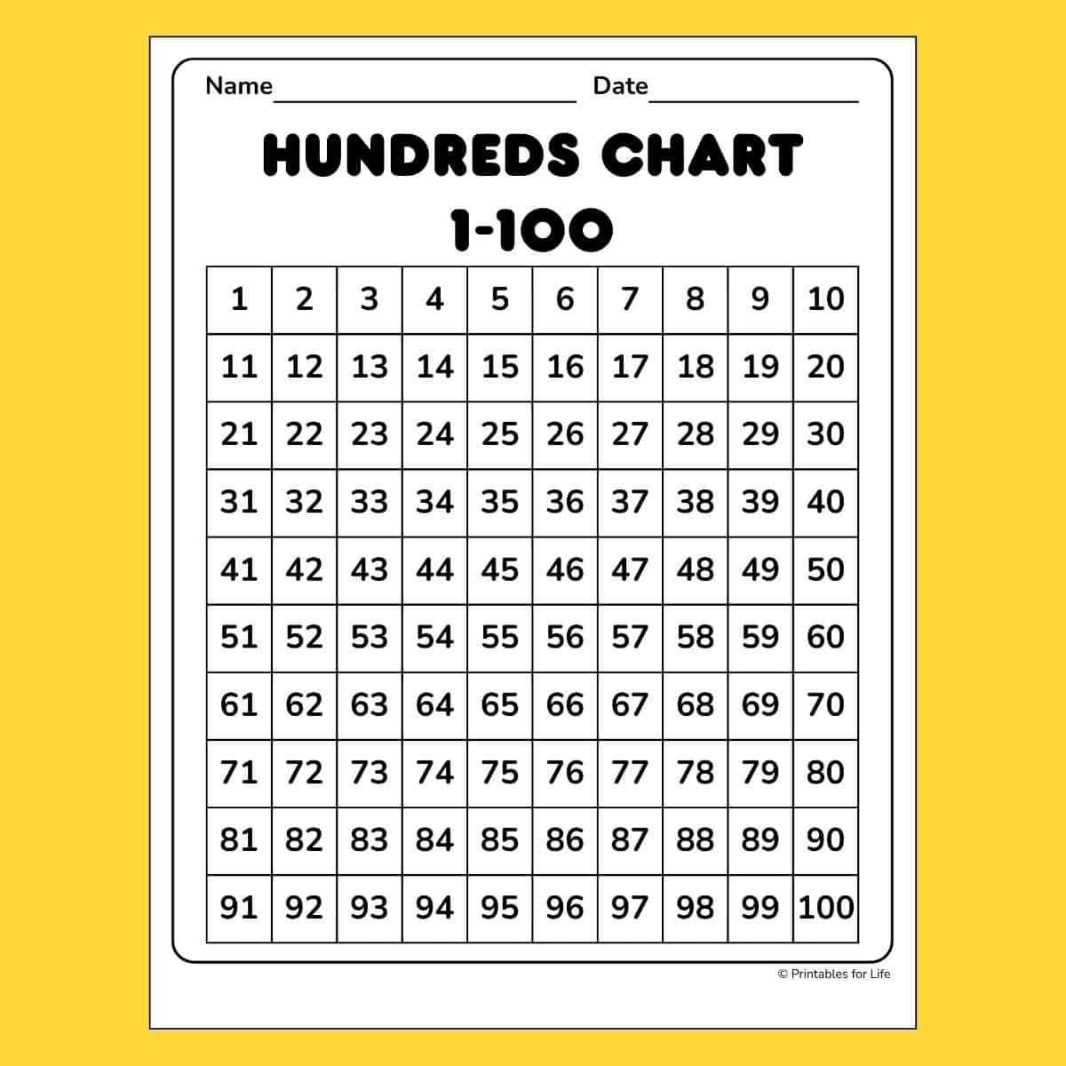 1 100 chart printable