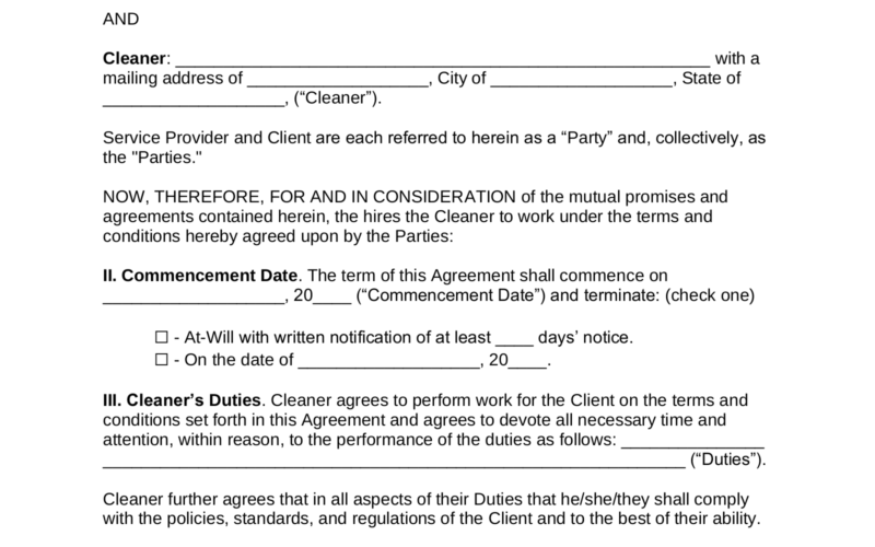 Free Cleaning Service Contract Template PDF Word EForms