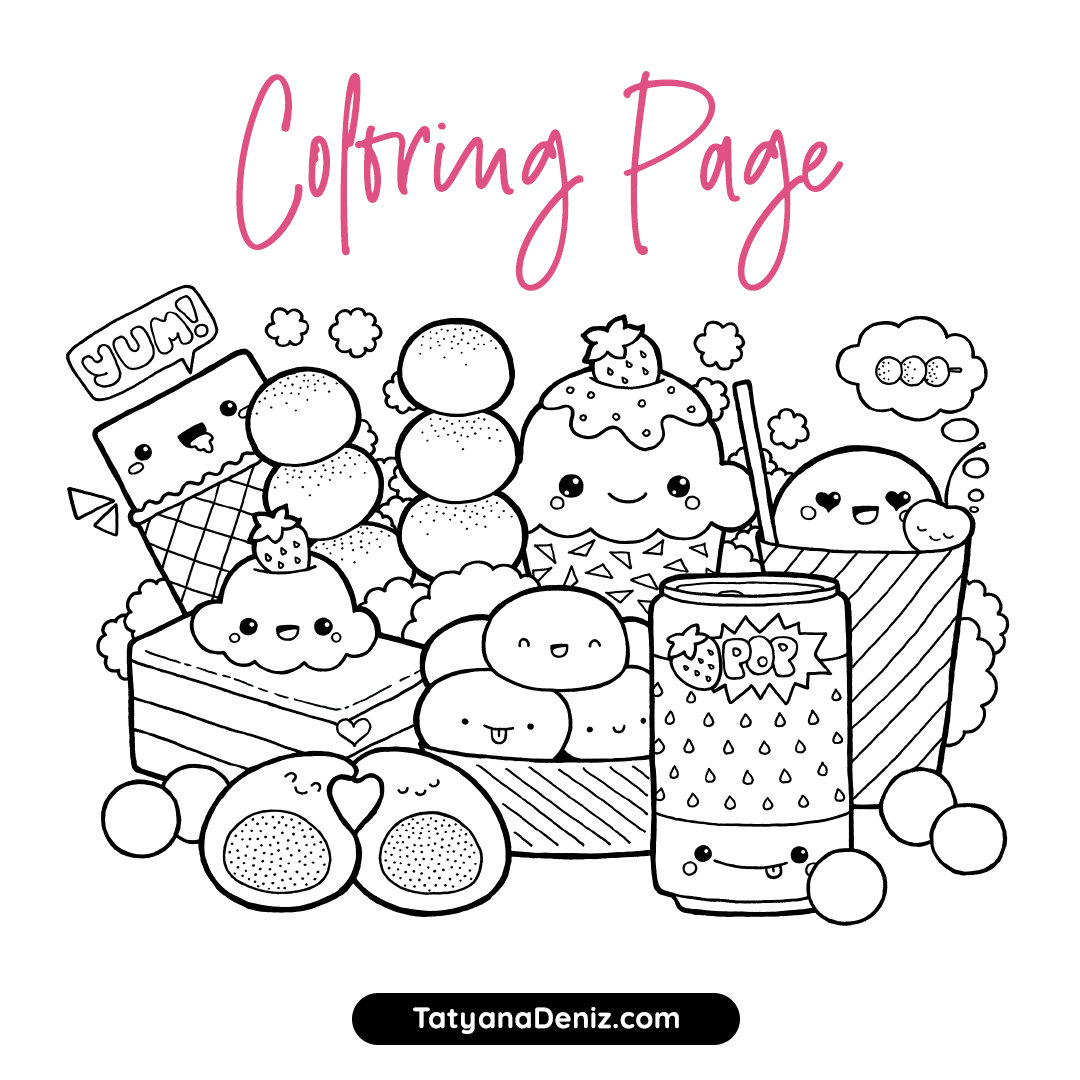 Free Coloring Page With Kawaii Food Doodle Printable PDF  Free Coloring Page With Kawaii Food Doodle Printable PDF