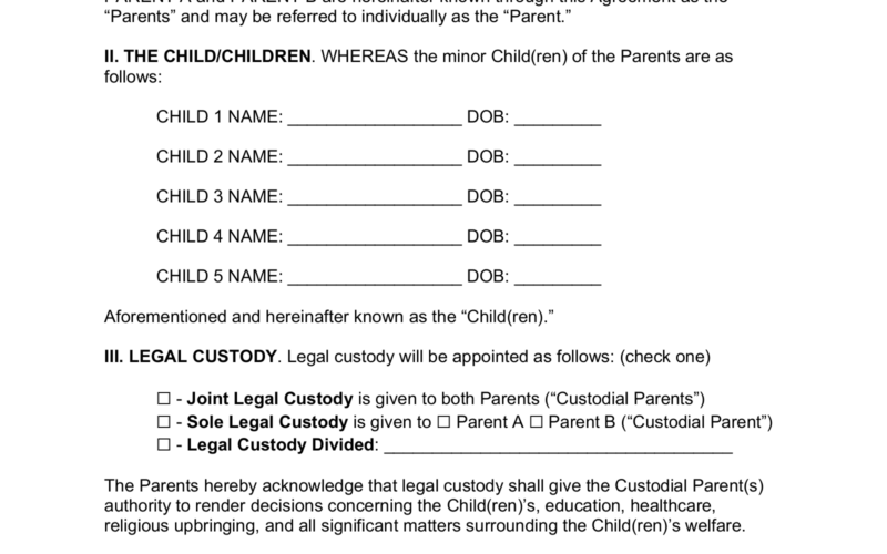 Free Custody Parenting Plan Agreement Template PDF Word EForms