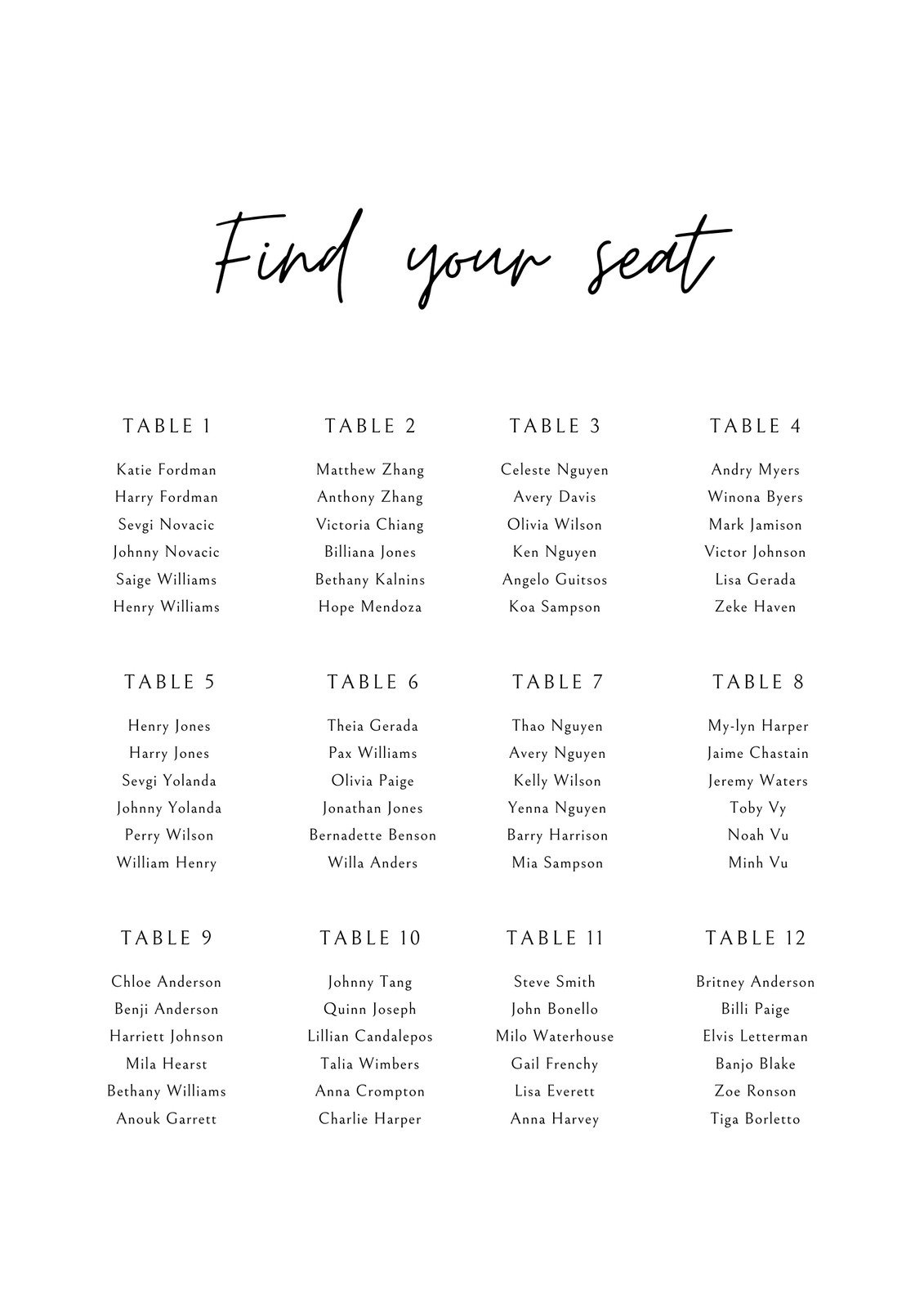 Free Custom Printable Seating Chart Templates Canva