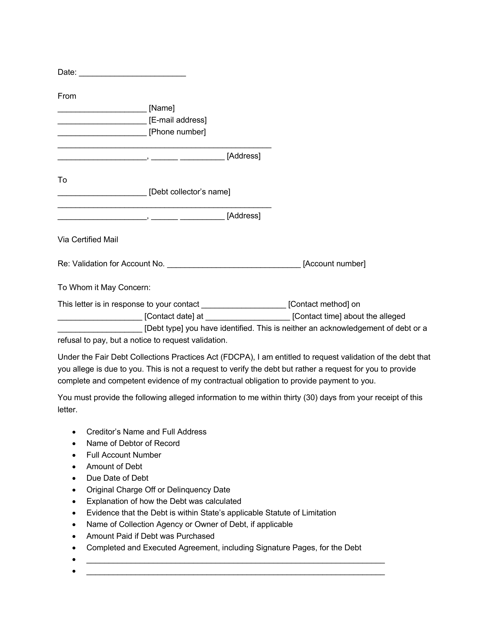 Free Debt Validation Letter Template Fill Online Download Send