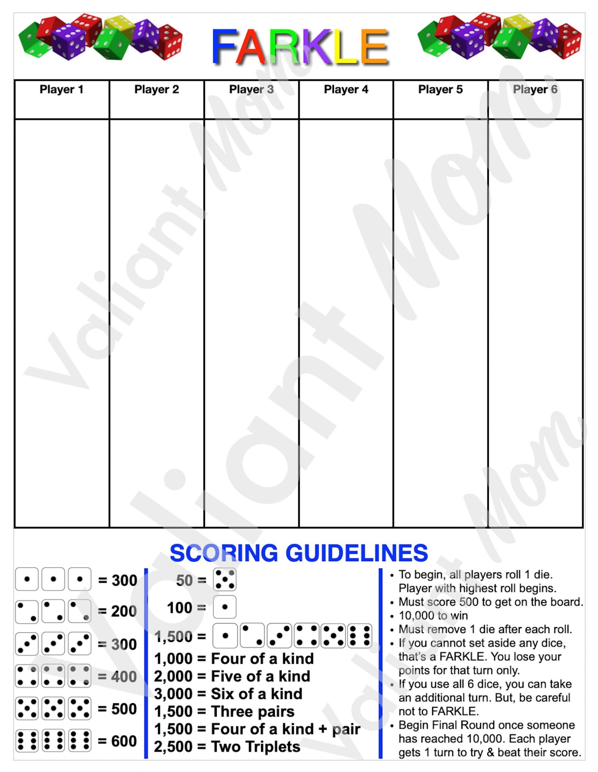 farkle score sheet printable