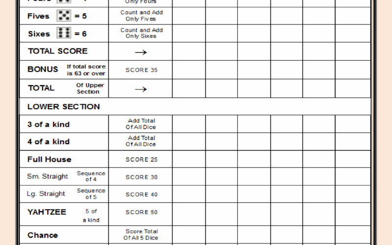 Free Printable Yahtzee Score Card Sheets PDF Templates