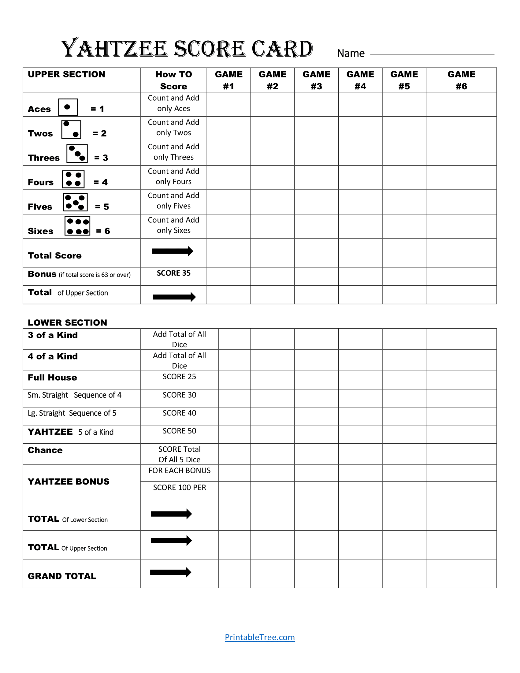 free printable yahtzee sheets