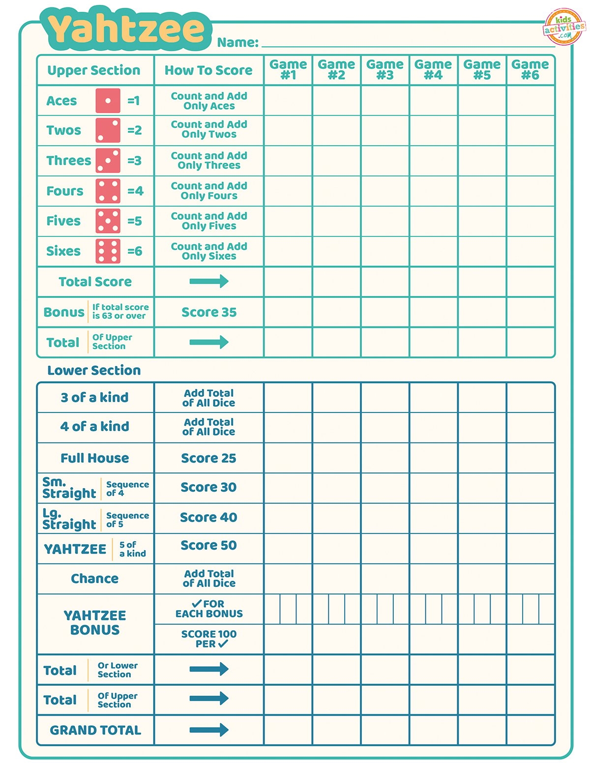 yahtzee sheets printable
