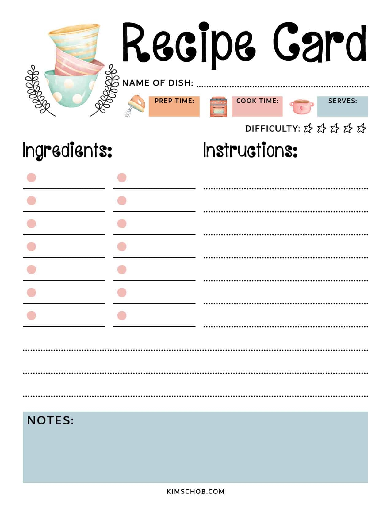 Free Recipe Card Printable Kim Schob