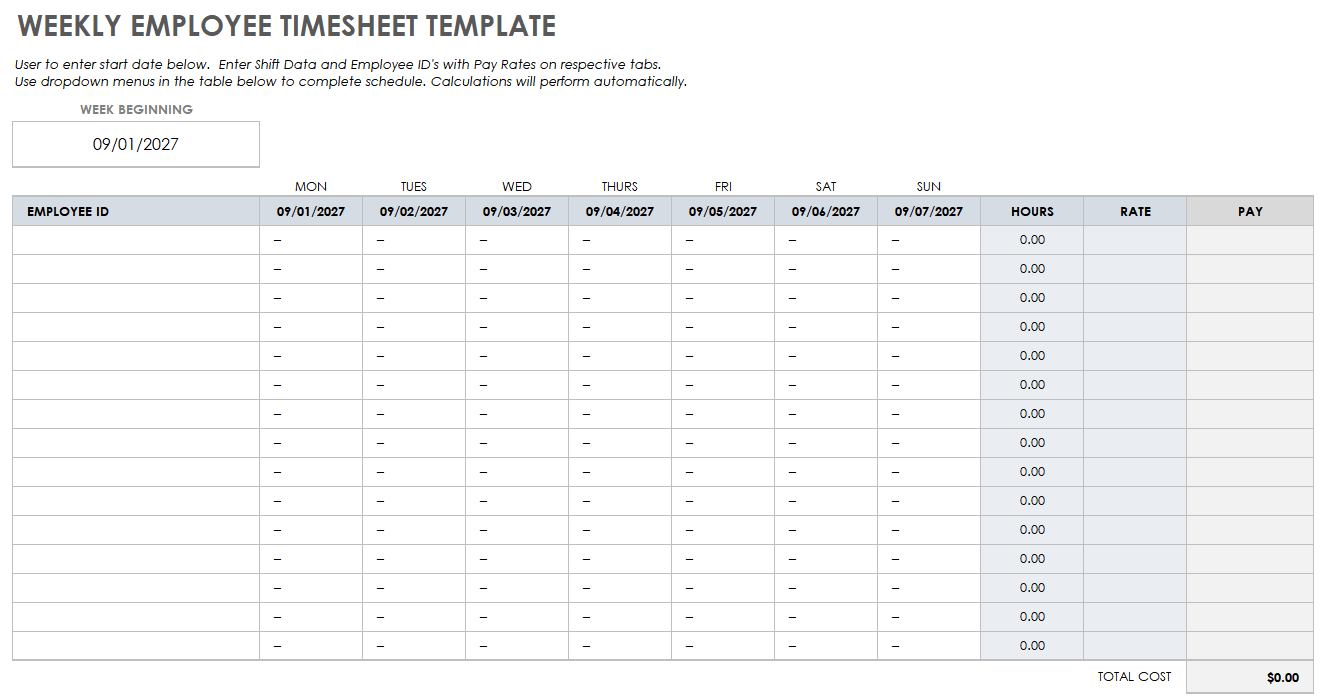 Free Weekly Timesheet And Time Card Templates Smartsheet