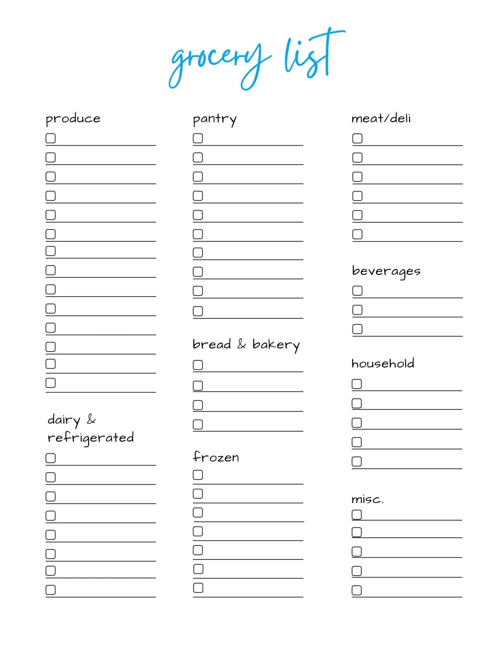 grocery list template printable