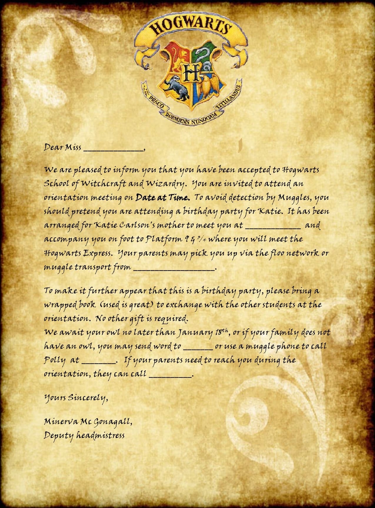harry potter printable letter