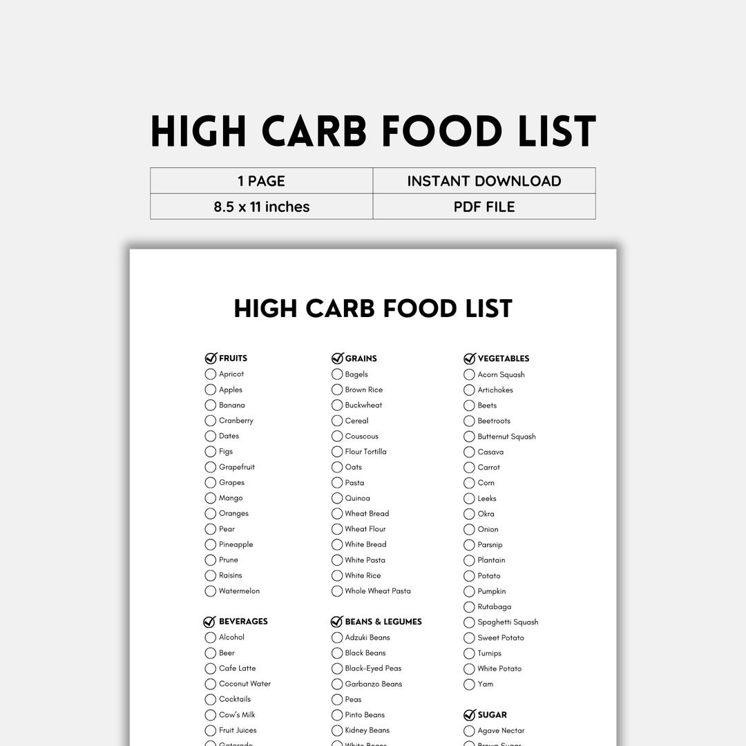 printable carbohydrate food list chart